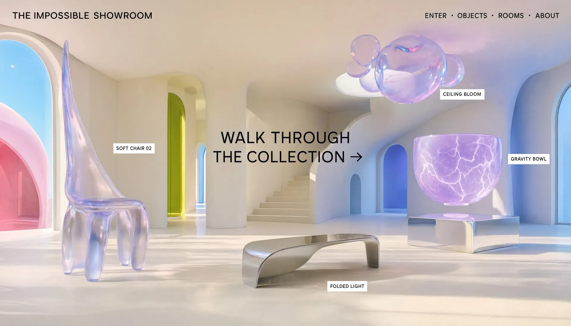 AI-generated bright, cinematic homepage of an impossible surreal showroom with floating sculptural objects, minimal floating labels, and legible interface text