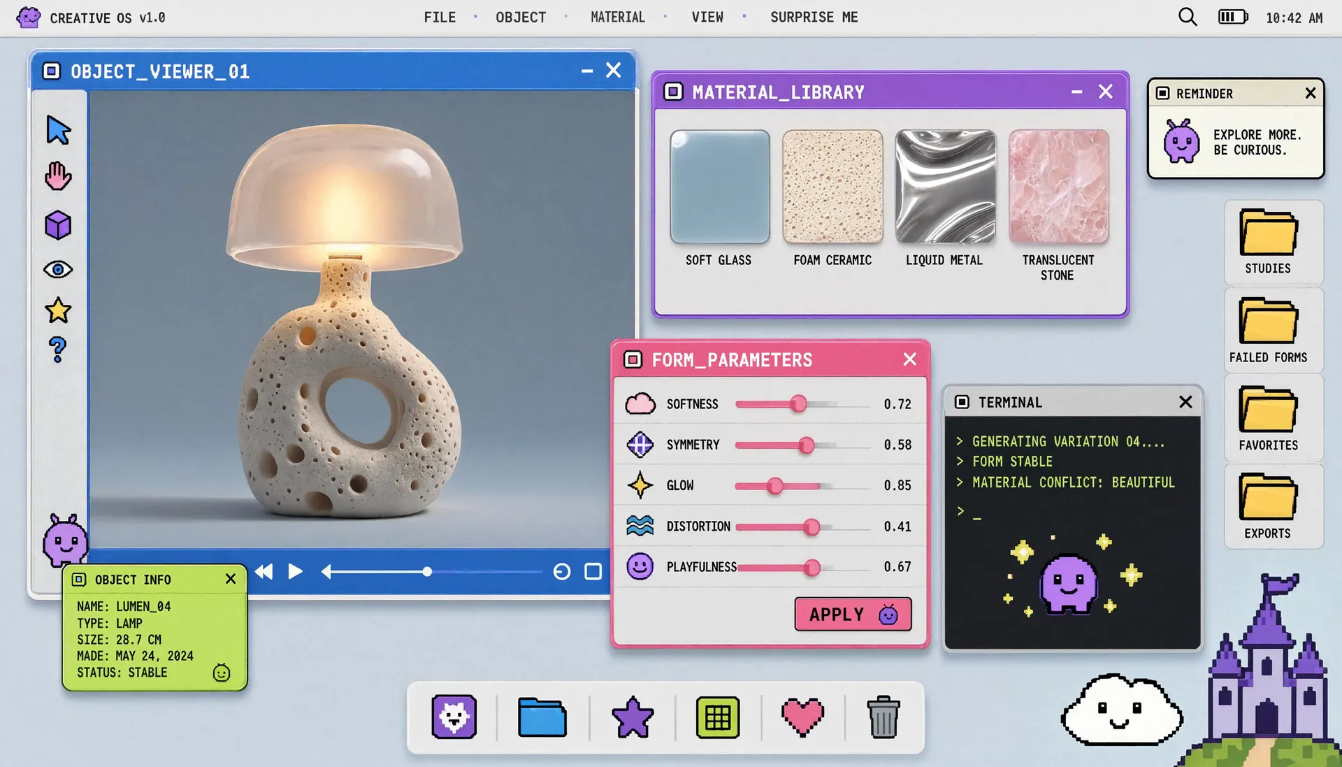 AI-generated whimsical creative operating system homepage with overlapping draggable windows, a material library, parameter sliders, a terminal panel, and legible interface text