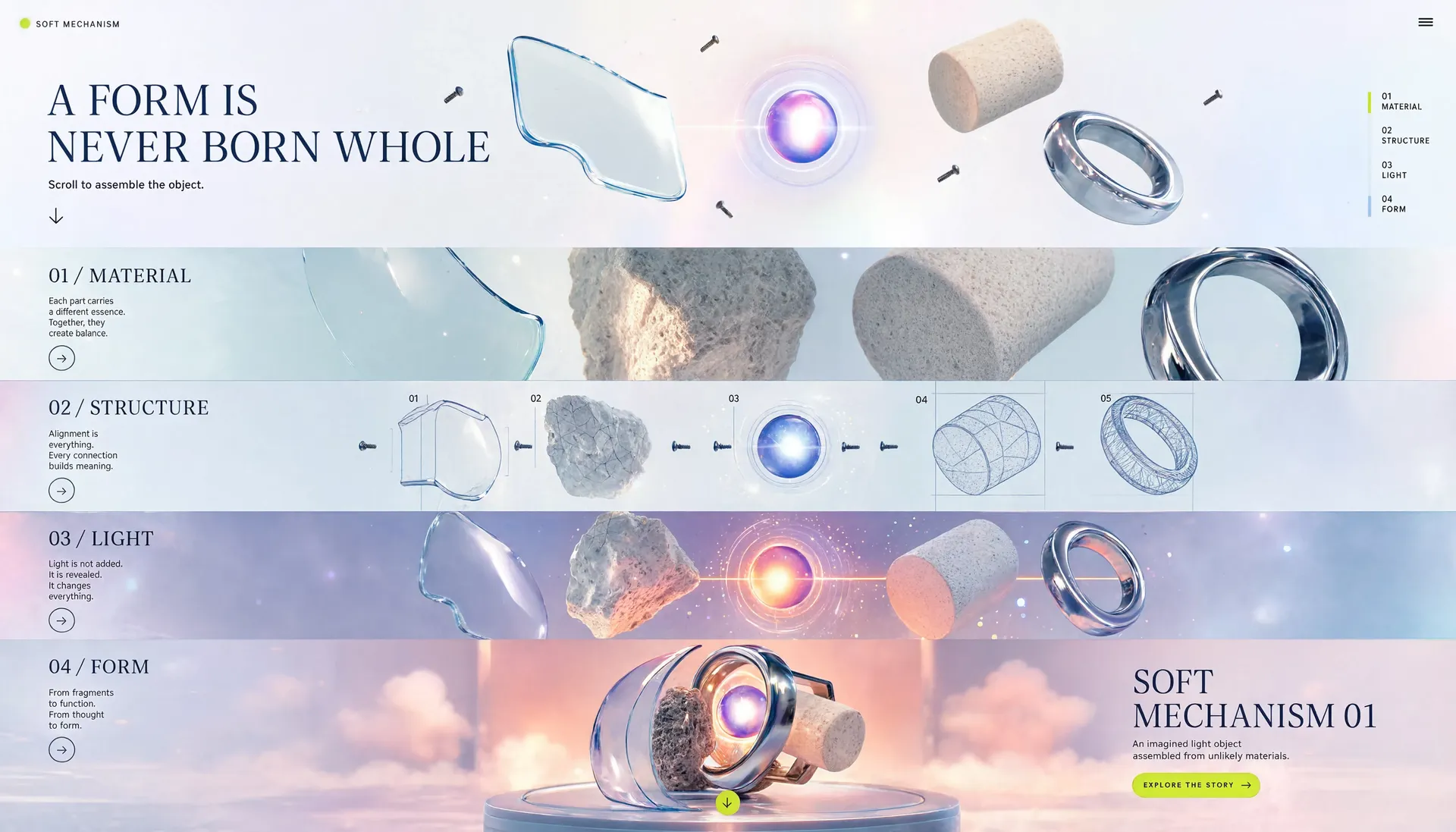 AI-generated long-form scrolling website where fragments of an object assemble into a sculptural lamp across labeled sections with legible headings