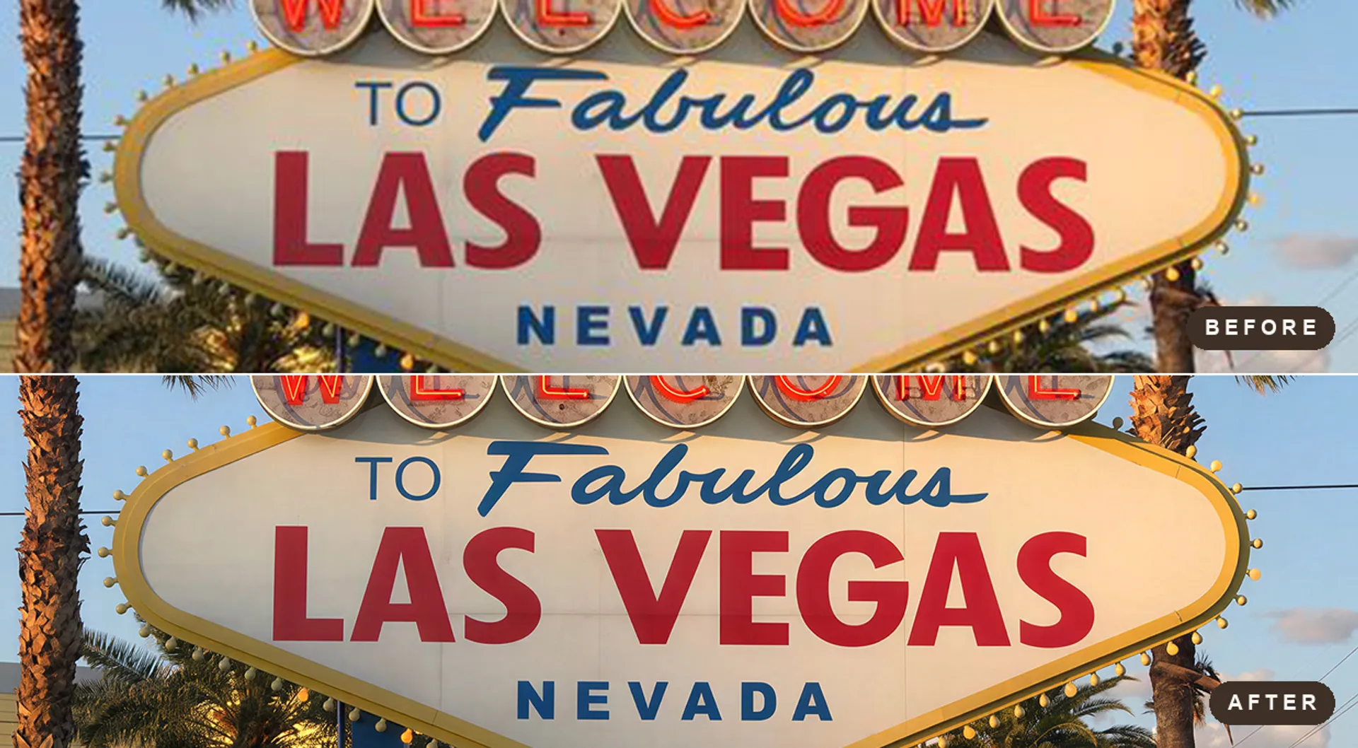 Topaz's own Wonder 3.5 comparison: a soft shot of the Las Vegas sign above the same frame rebuilt by Wonder 3.5, with the neon tubing and small type resolving