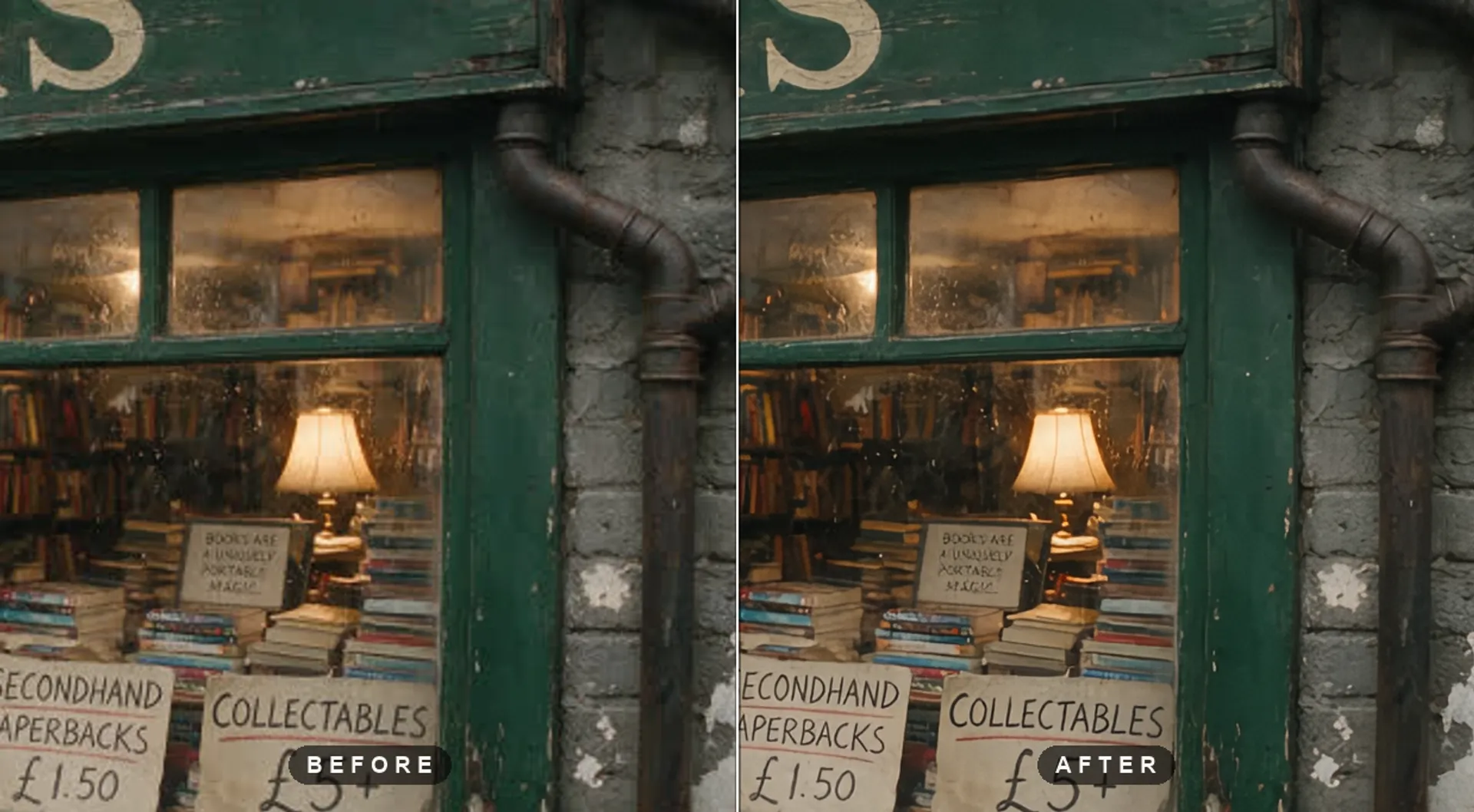 A shopfront upscaled 2x with High Fidelity V3, compared against a bicubic upscale of the same 960px source