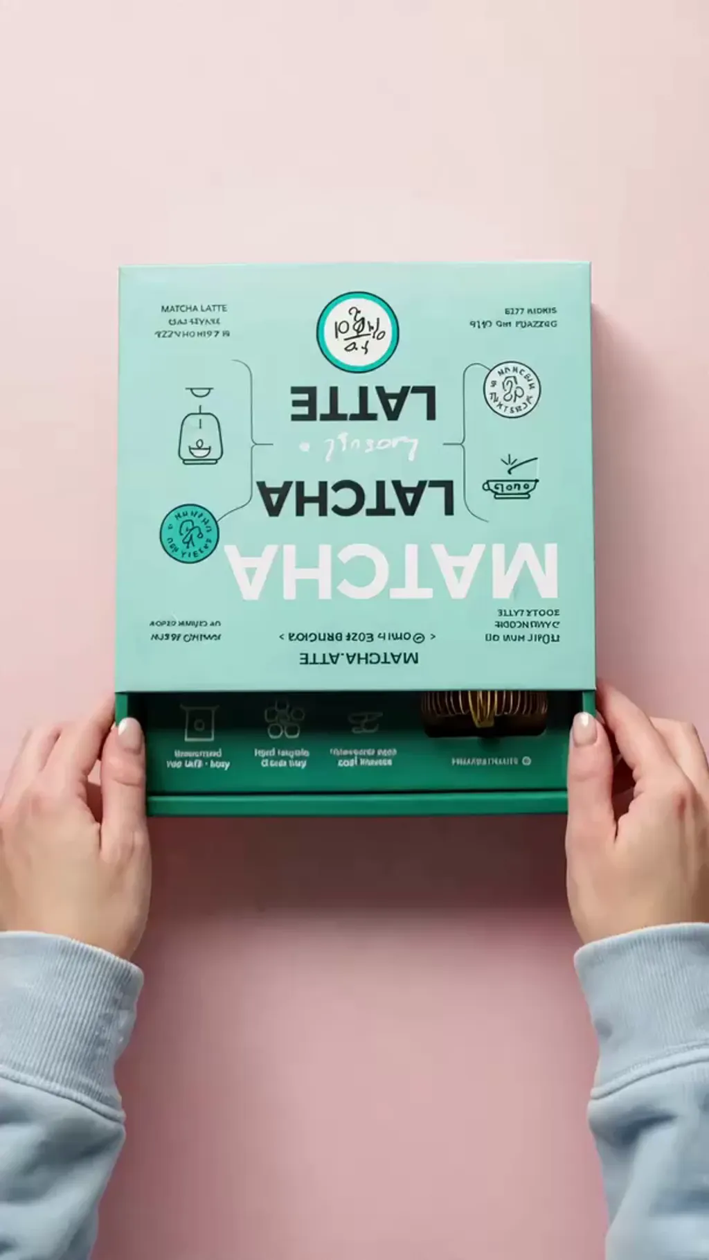 Wan 3.0: Hands open a matcha box and handle powder beside a glass jar.