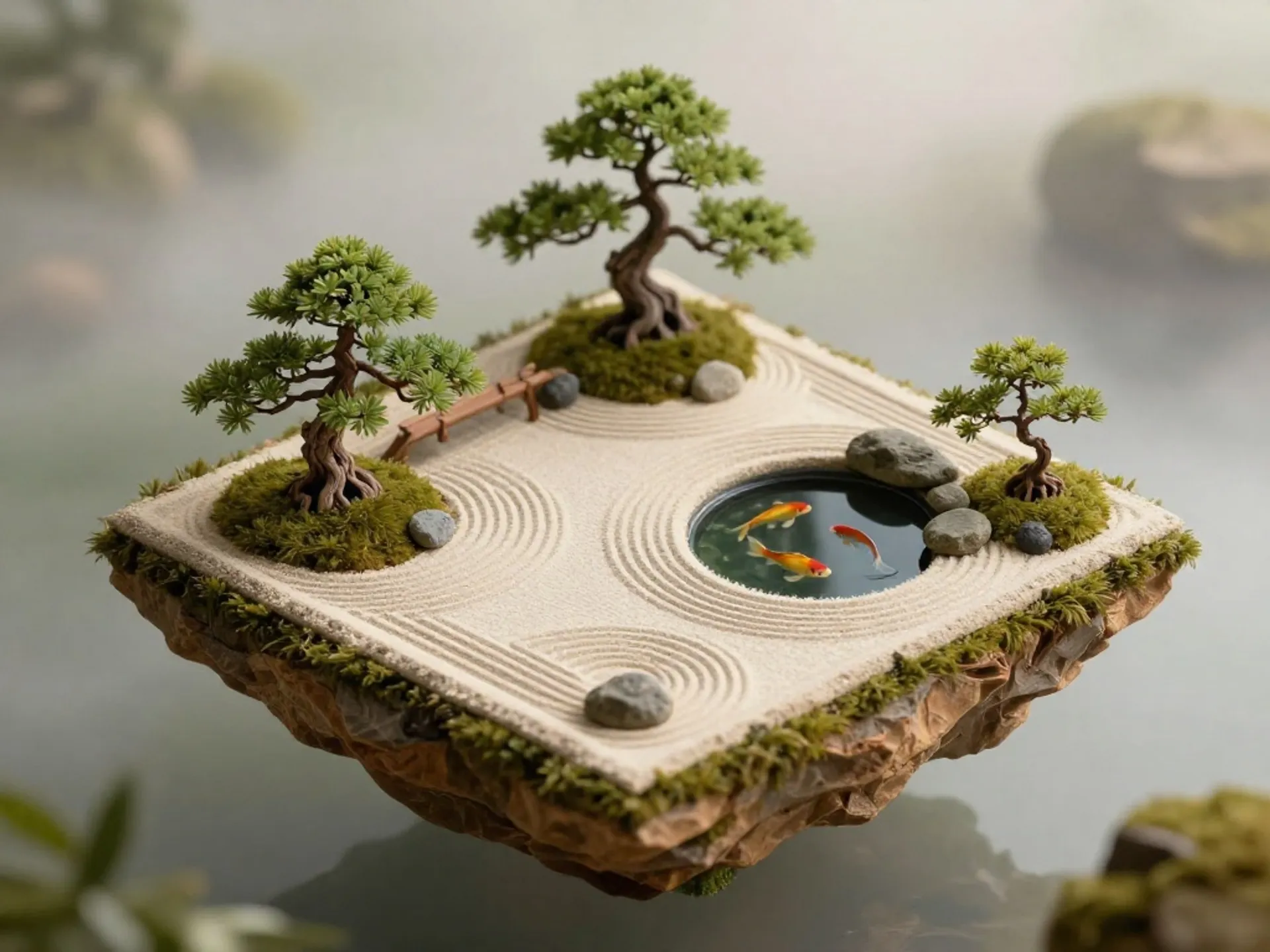 Isometric view of a tiny Japanese zen garden on a floating island, miniature bonsai trees, raked sand patterns, koi pond with golden fish, soft morning light, tilt-shift effect