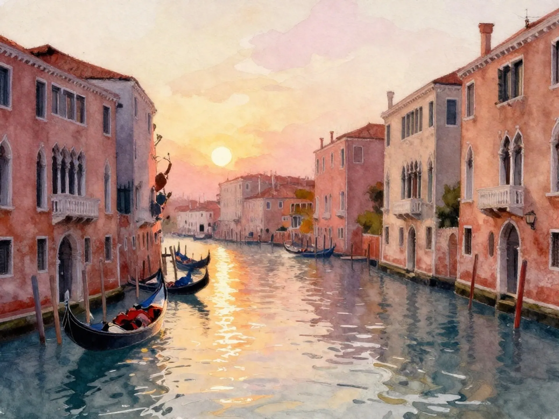 Watercolor painting of a Venetian canal at sunset, gondolas reflecting in shimmering water, warm amber and rose tones, loose impressionistic brushstrokes