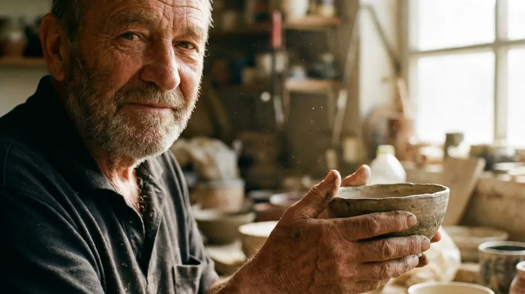 Kling 3.0: A craftsman examines a bowl in warm workshop light.