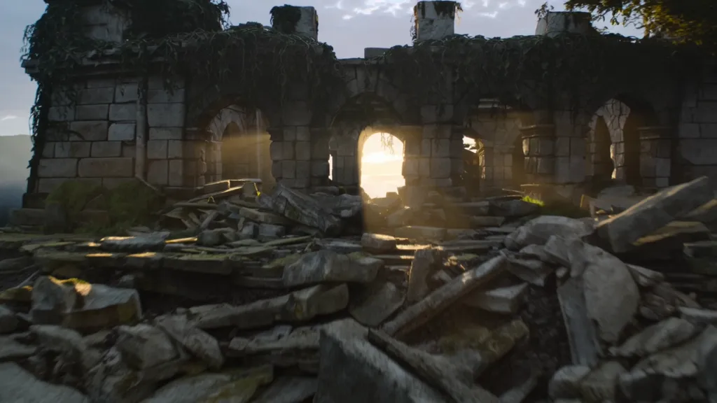 Kling 3.0: A drone-style shot over stone ruins in a valley.