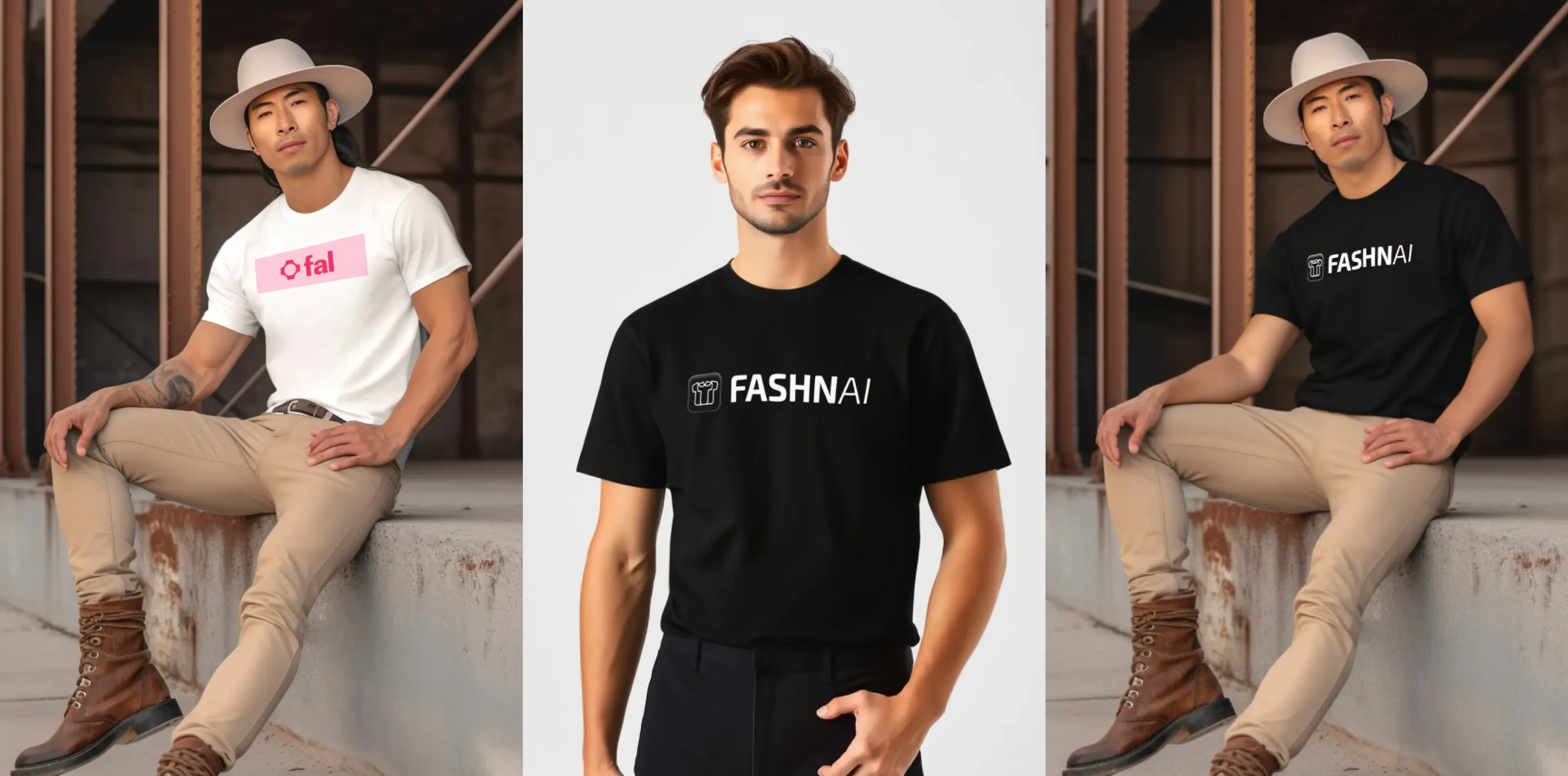 FASHN v1.6 delivers precise virtual try-on capabilities, accurately rendering garment details like text and patterns at 864x1296 resolution from both on-model and flat-lay photo references.