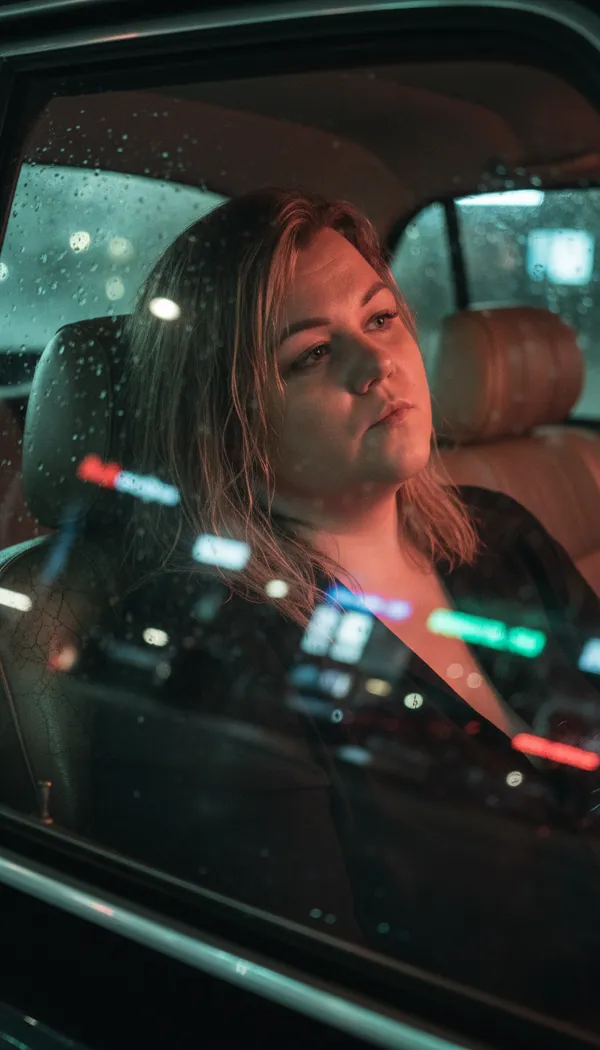 80s AI photo with neon city lights on a night drive