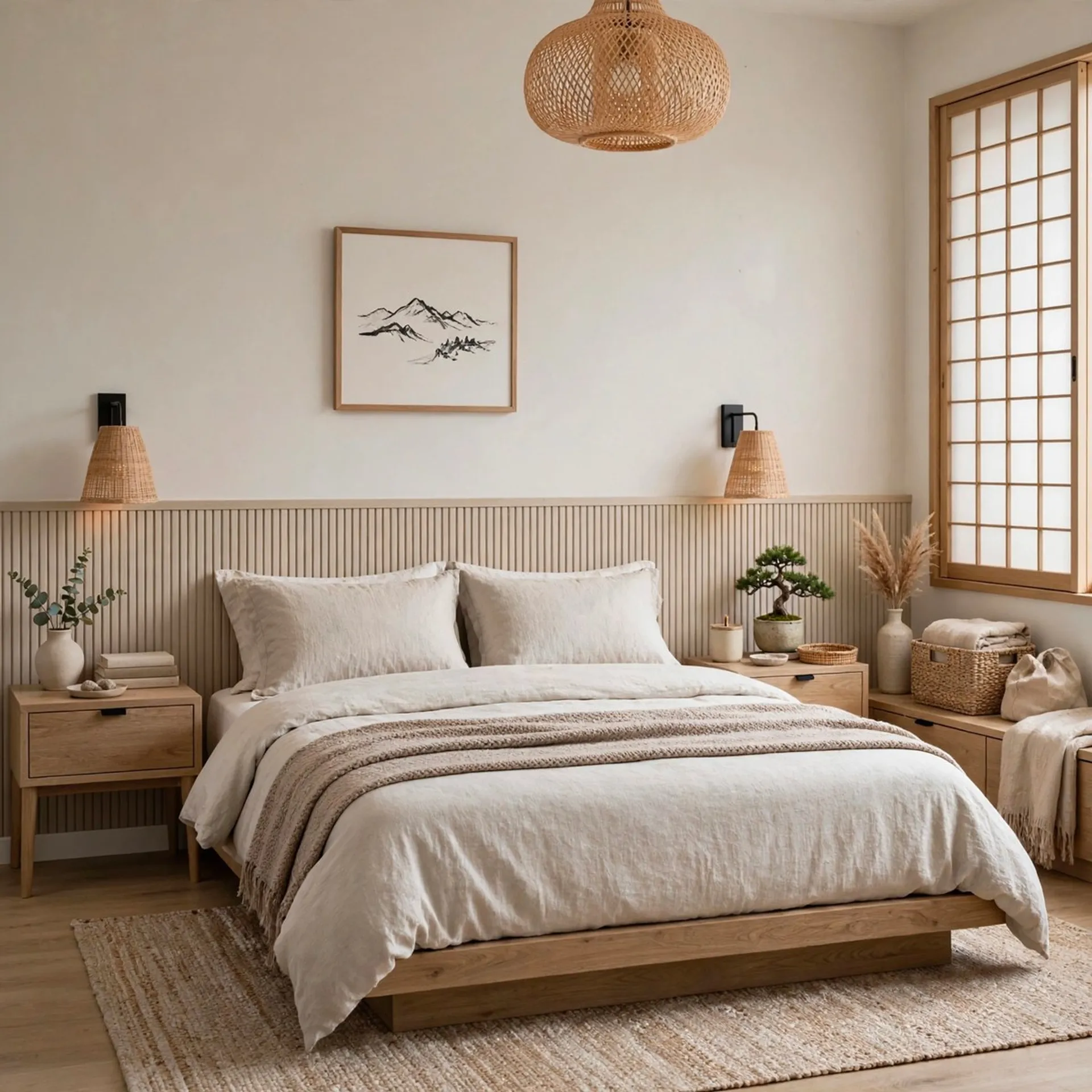 Restyle this room with available items from major retailers, using a Japandi aesthetic, placing items in a natural and optimized layout, make it tidy.