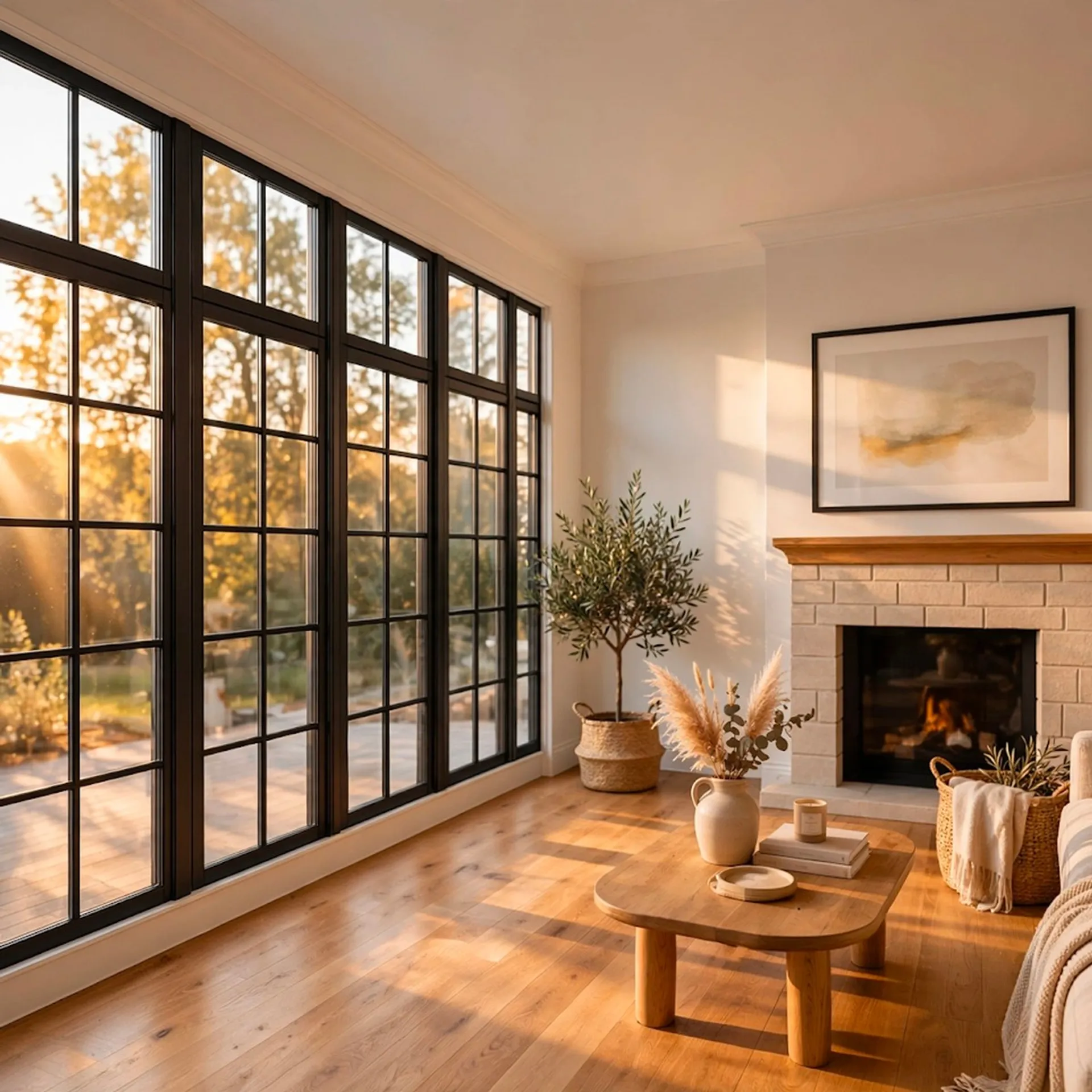 Render this room sketch as a photorealistic Scandinavian interior. Oak floors, linen sofa, floor-to-ceiling windows, golden hour sunbeams, soft shadows, shallow depth of field, editorial magazine style, ultra-detailed 8k.