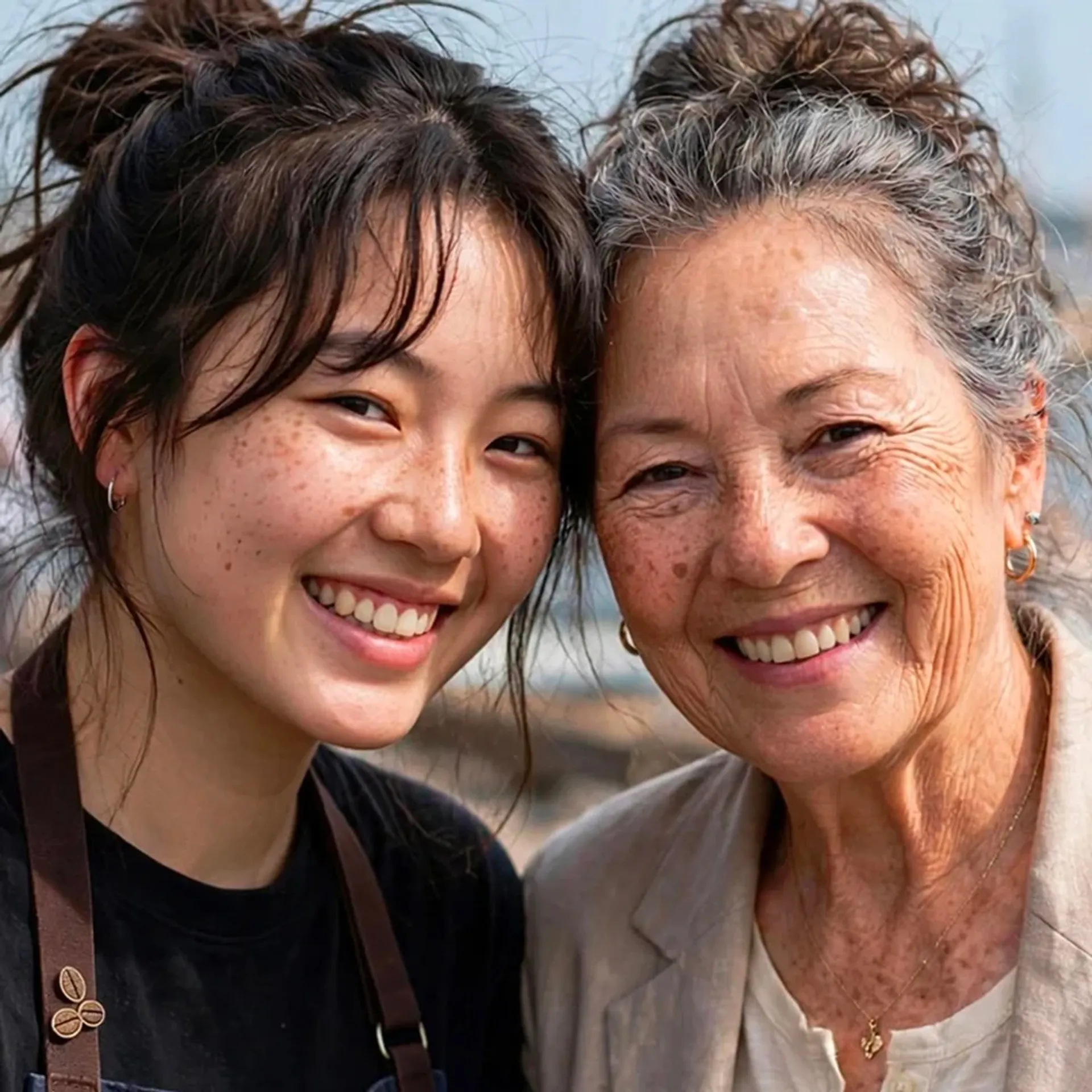 Generate an image of me and my future self in 30 years, looking at camera, heads slightly tilted toward each other, in a photograph. Put my future self in different clothes, something more age appropriate but that pairs well with my outfit.