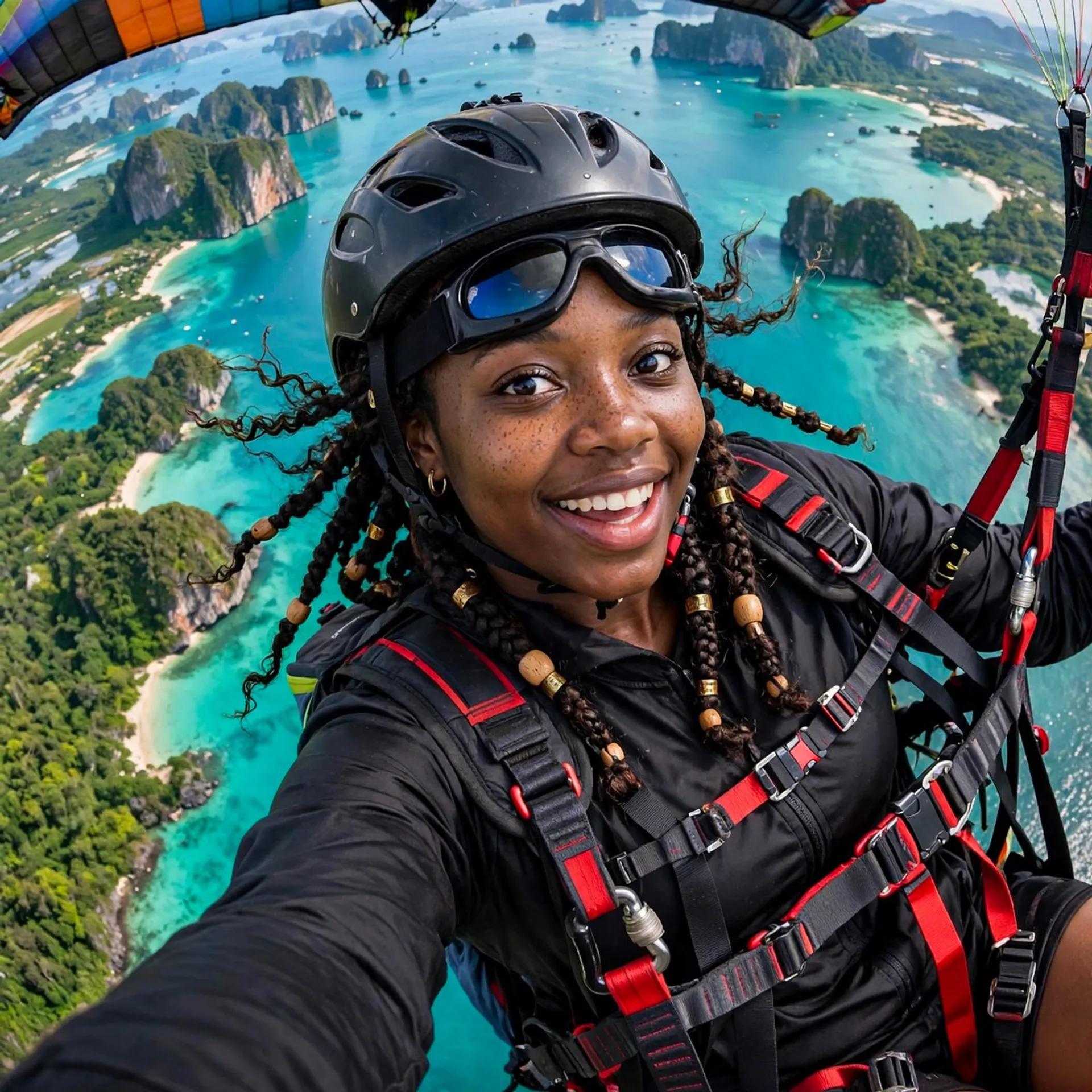 Use my photo to place me paragliding over a stunning exotic landscape. Make it a med-high angled action-camera close-up selfie from mid-chest up, with my face, goggles on, and shoulders filling most of the frame. Show the parachute canopy at the top, wide-angle lens distortion, harness straps visible across my chest, and me wearing a paragliding helmet and goggles, full flight suit, and a 'wow' expression as I look out across the landscape.
