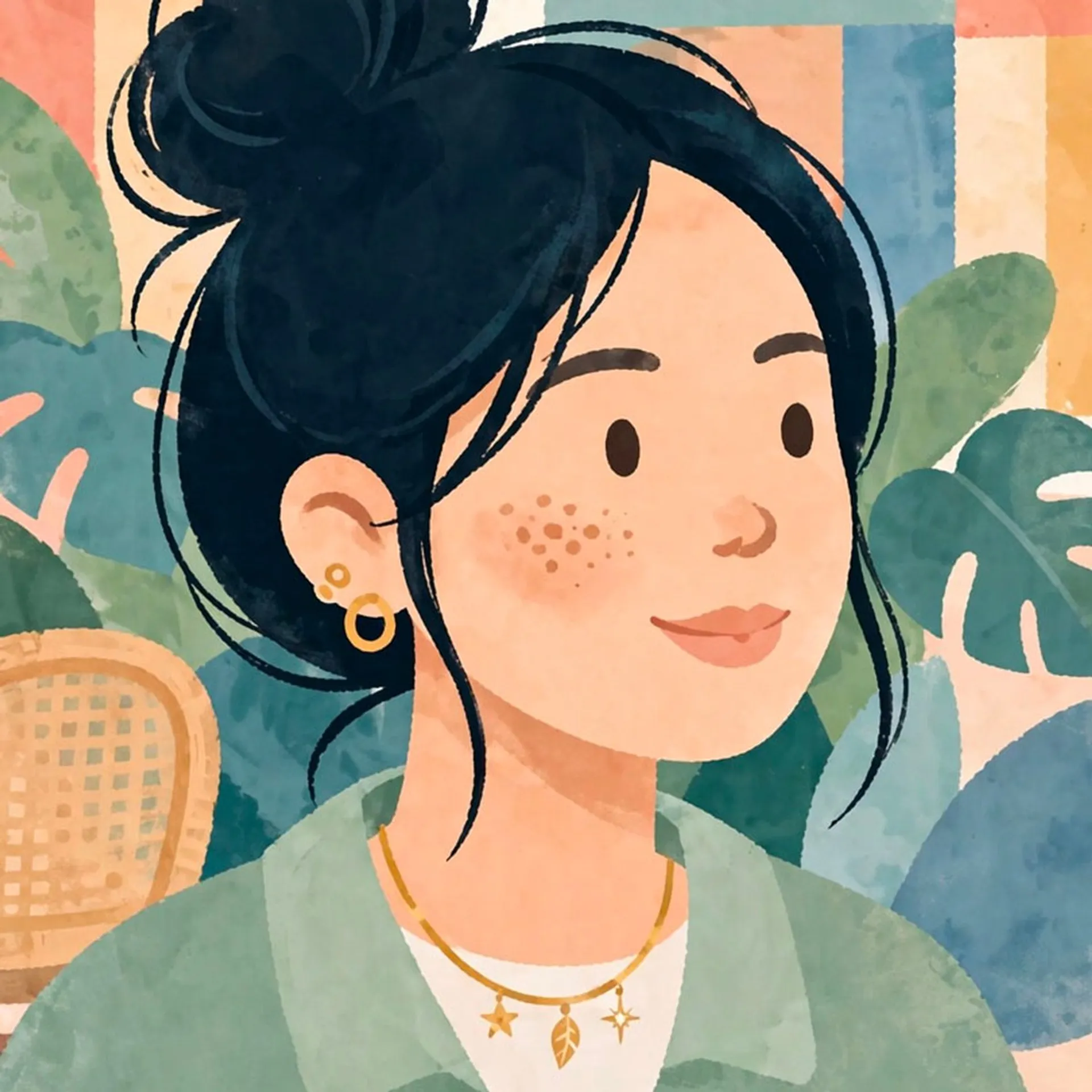 Create a flat illustration of this scene. Highly stylized, non-literal proportions, merge complicated features into large shapes, avoid realistic anatomy, bright & sophisticated colors, painterly edge texture, no outlines.