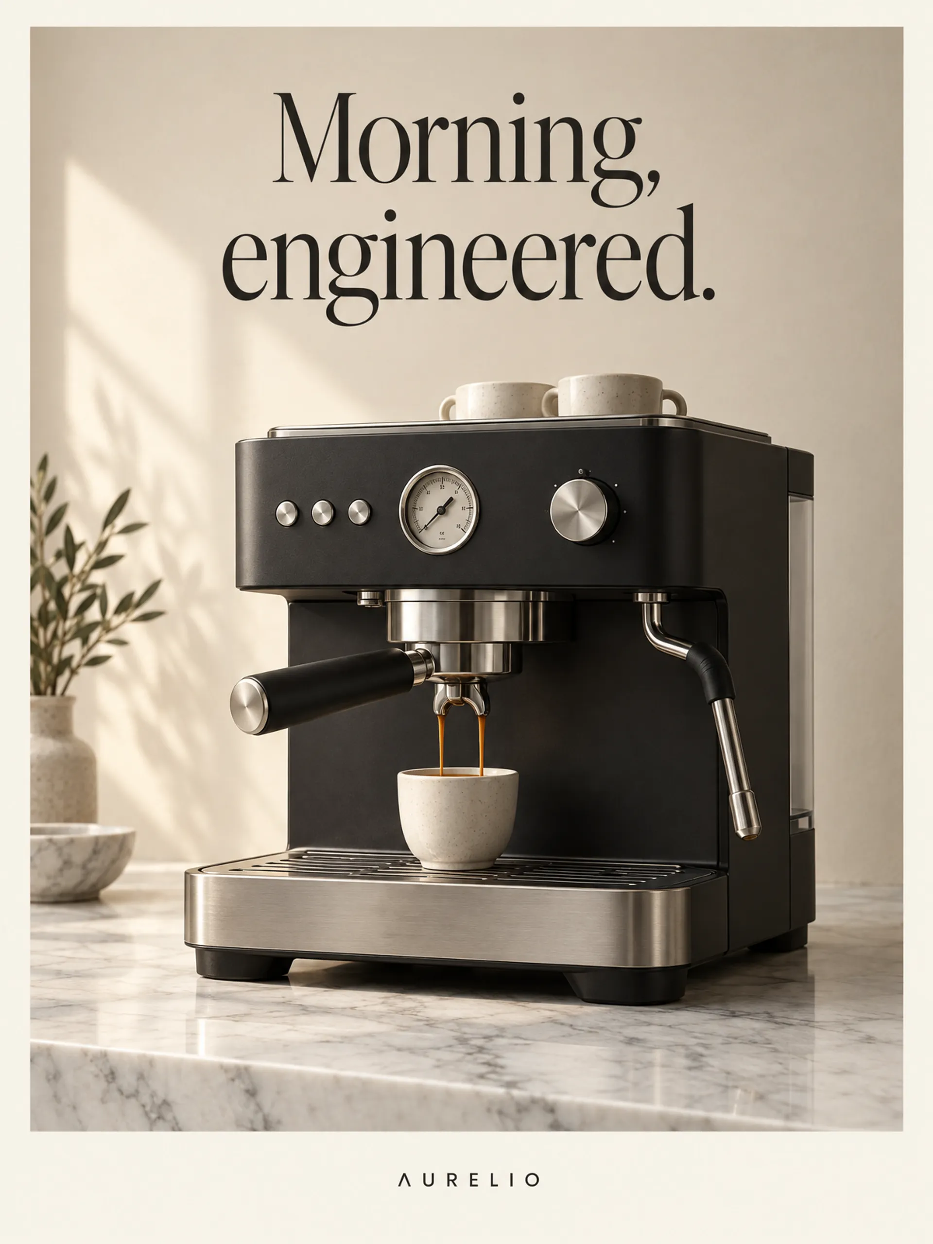 AI-generated launch poster: a matte-black espresso machine on a marble counter under the serif headline Morning, engineered, with the Aurelio wordmark at the foot