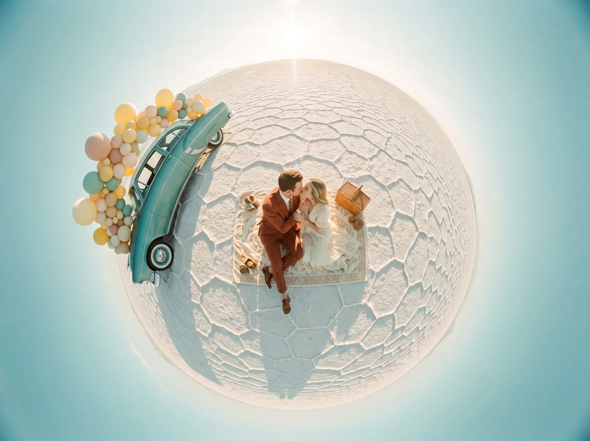 AI-generated tiny-planet fisheye photo of a couple kissing on a picnic blanket on a small round world of salt crust, a teal car and pastel balloons curving around its edge
