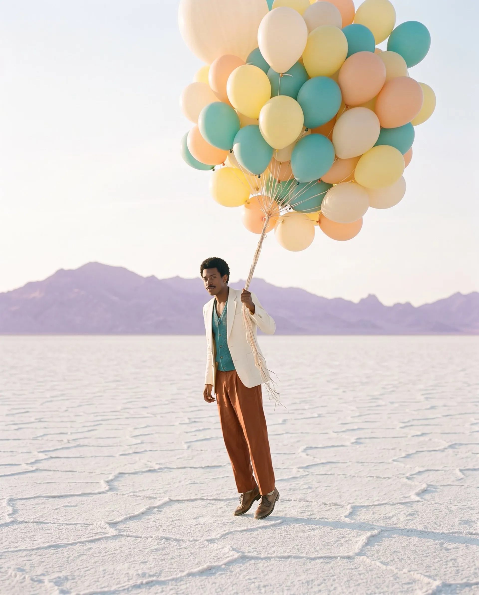 The same AI-generated man on a salt flat holding a huge cluster of pastel balloons