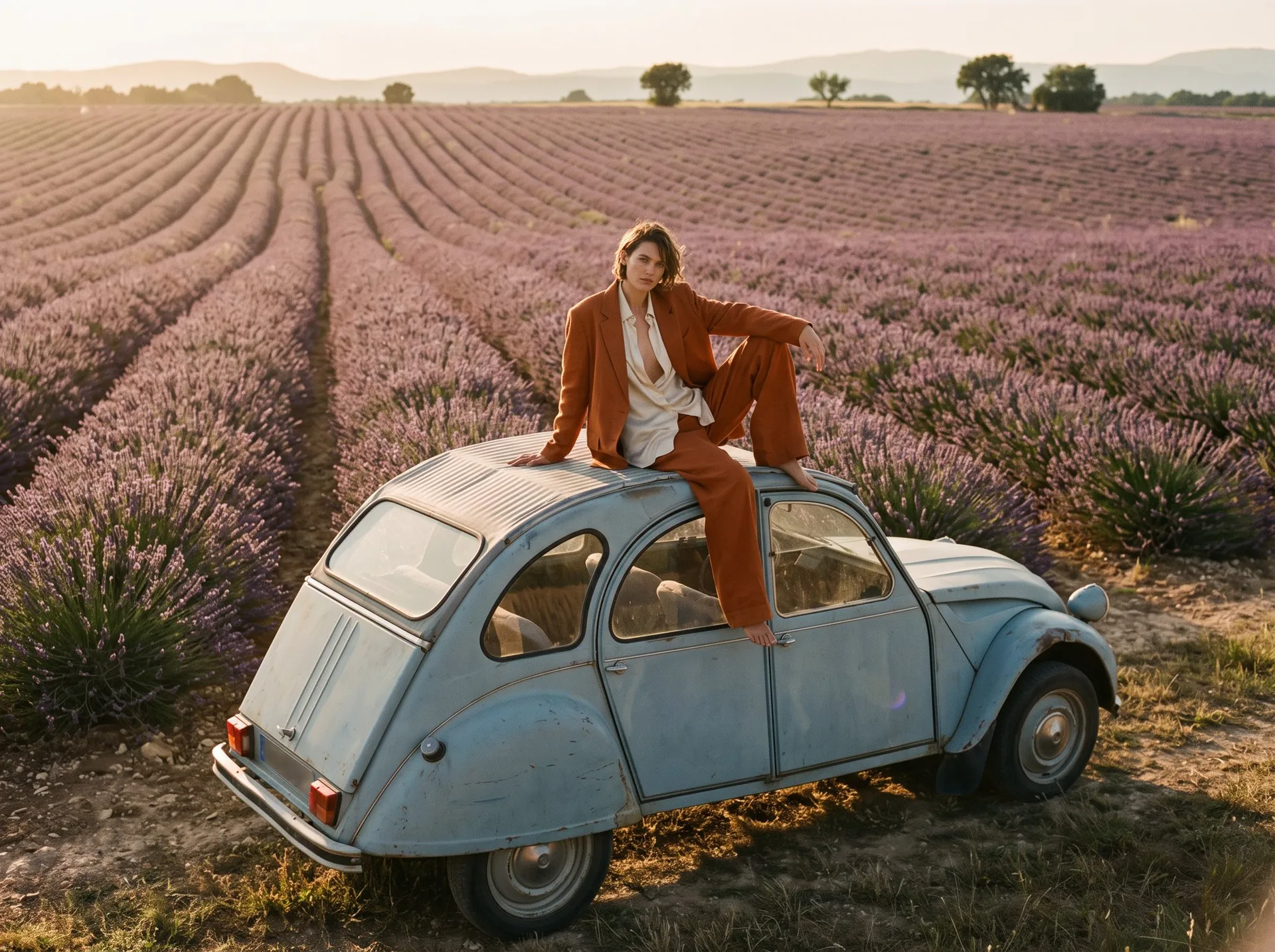 AI-generated fashion photo of a model in a rust linen suit on the roof of a pale-blue Citroën in a lavender field