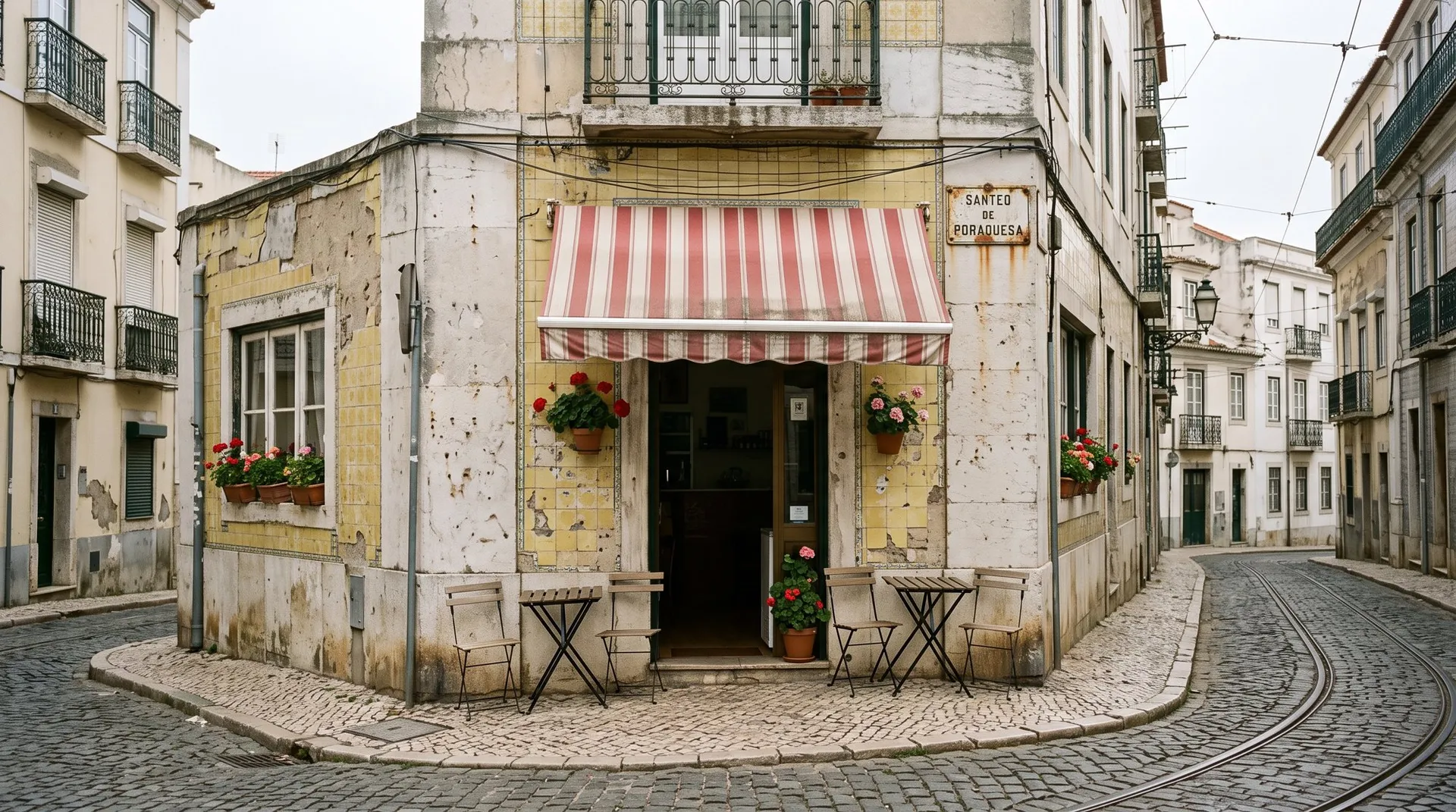 AI-generated photo of a Lisbon street-corner café at midday in flat light