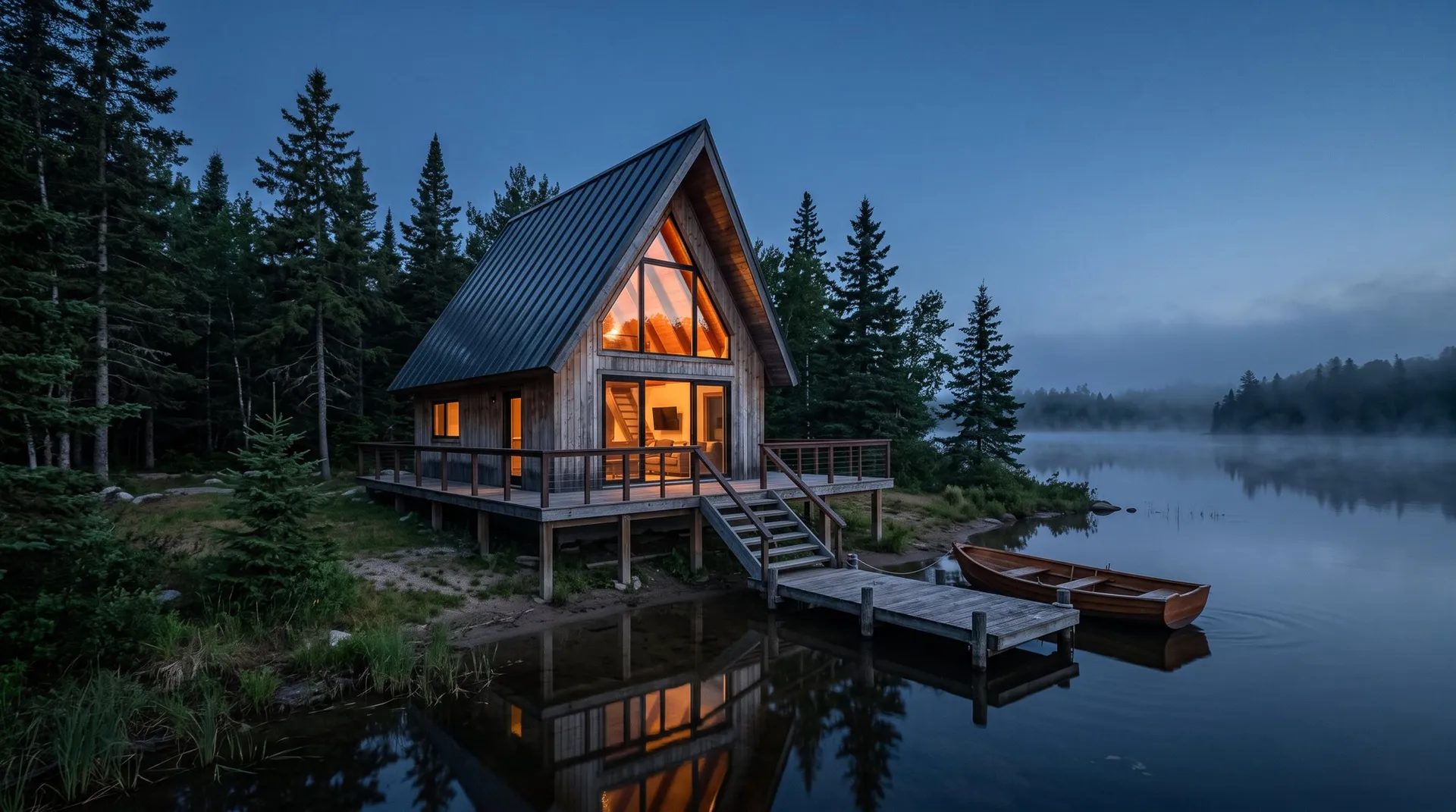 The same cabin rendered as a photograph at blue hour with a glowing window and lake mist