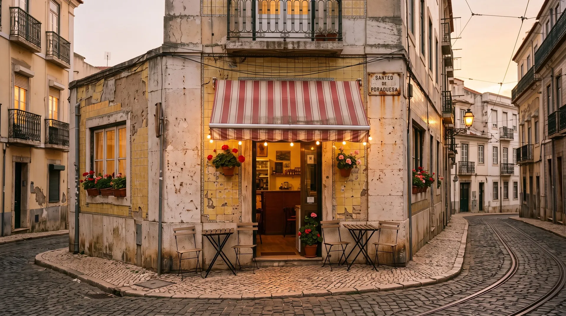 The same café relit to golden hour with warm low sun and the awning lights on