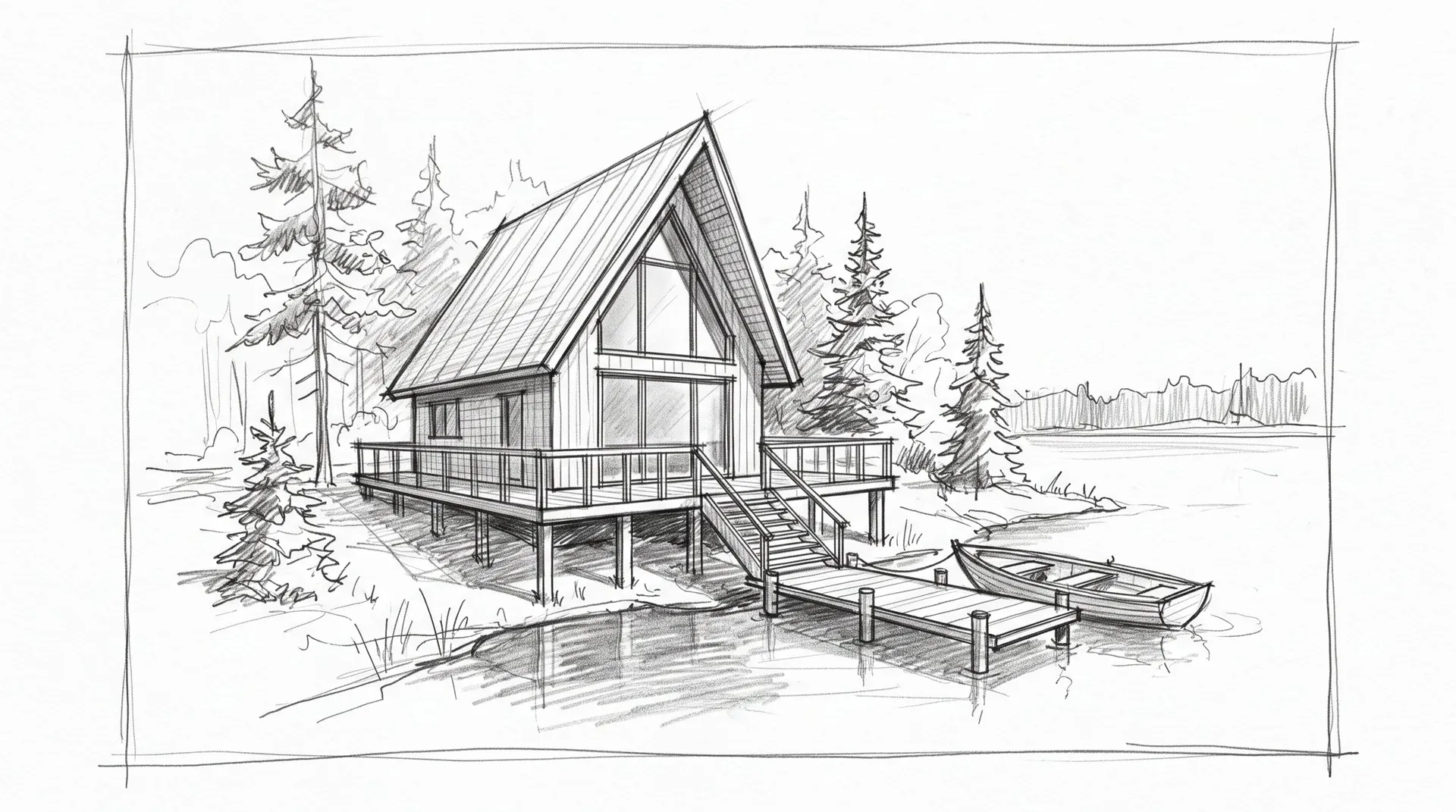 AI-generated pencil sketch of a timber A-frame cabin on stilts by a lake