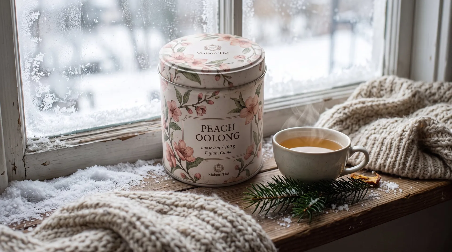 The same tea tin on a snowy windowsill with a knitted blanket and frost on the glass