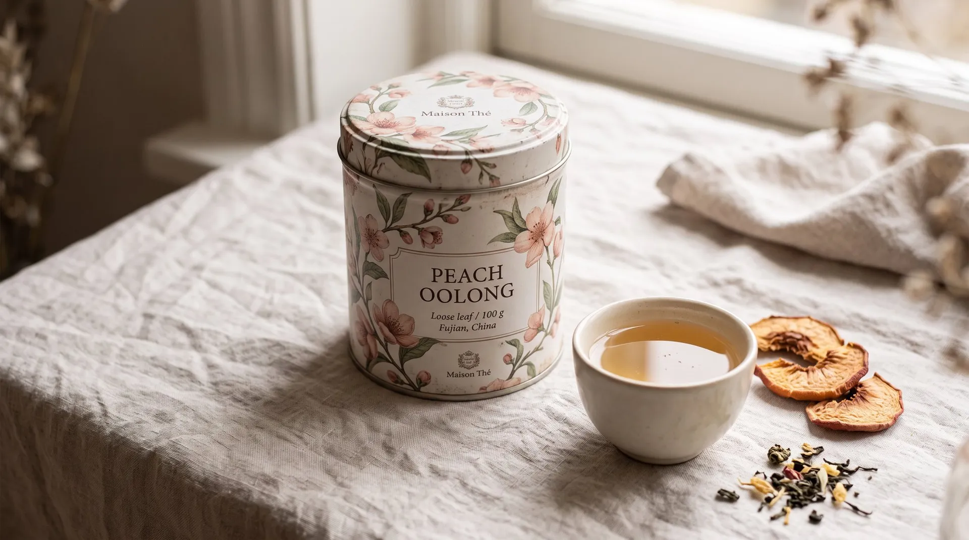 AI-generated product photo of a PEACH OOLONG tea tin on linen