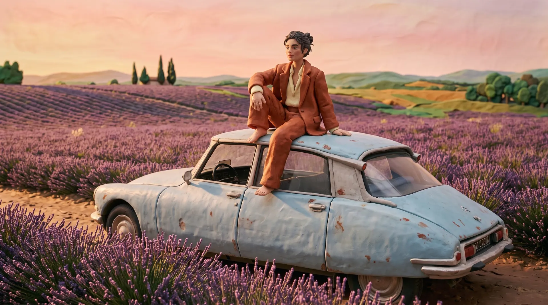 The same scene restyled as a claymation set with plasticine textures