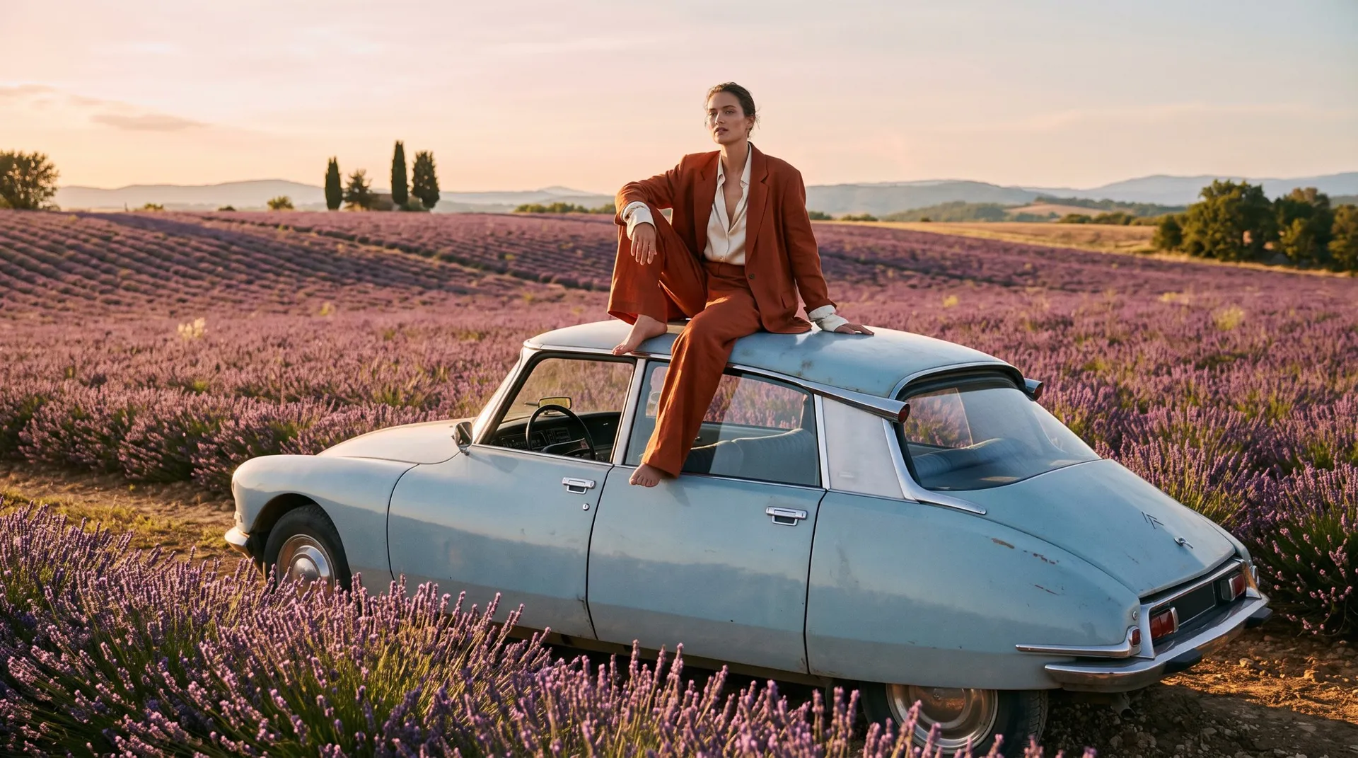 AI-generated fashion photo of a model in a rust suit on the roof of a pale-blue Citroën DS in a lavender field