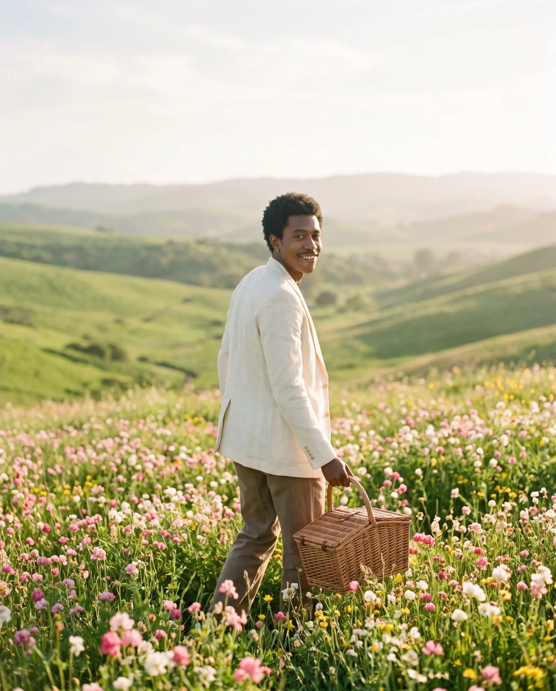 The same AI-generated man walking through a wildflower valley carrying a wicker picnic basket