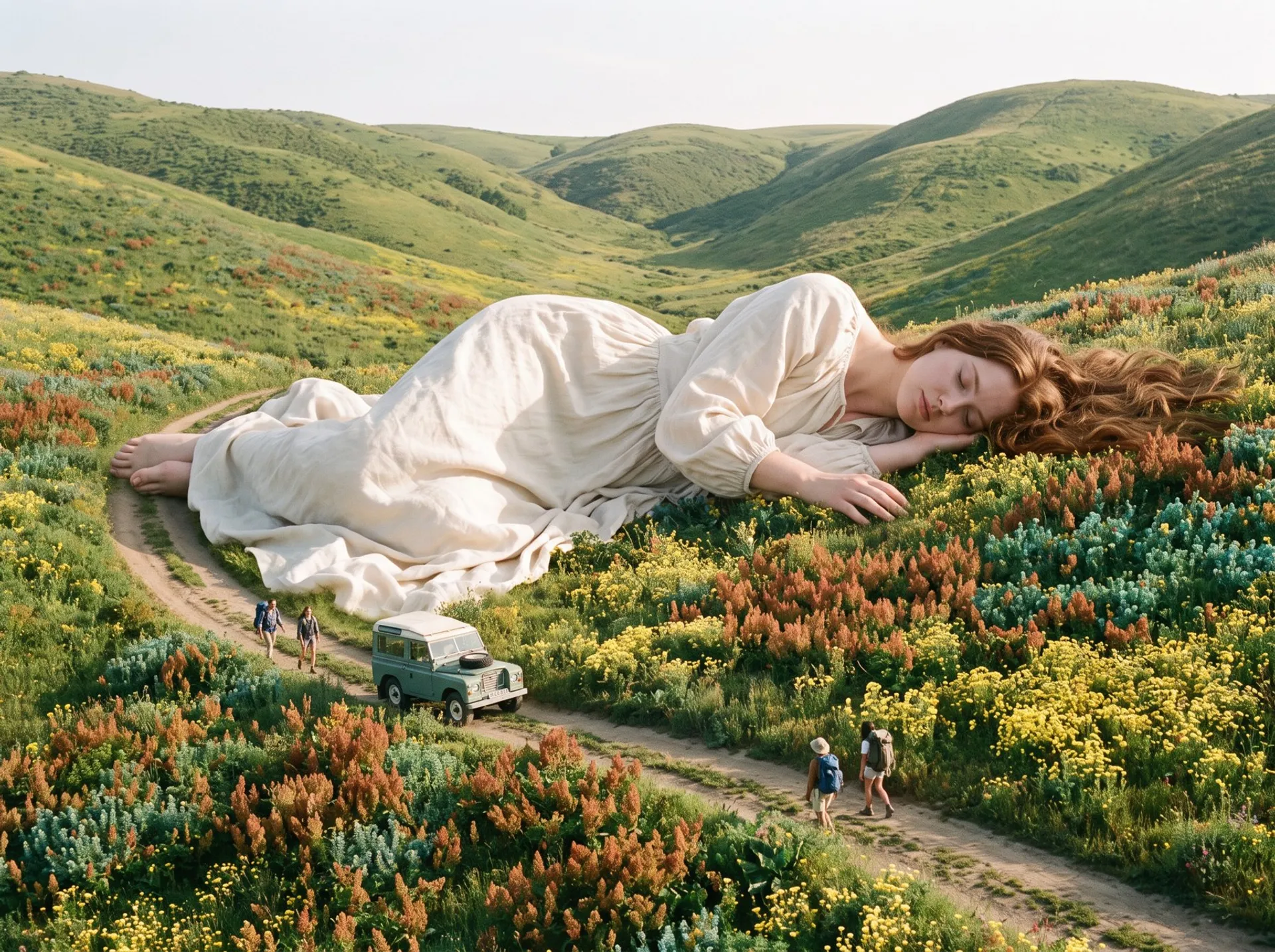 AI-generated surreal photo of a giant woman in a cream dress asleep across green wildflower hills, with tiny hikers and a Land Rover passing her shoulder