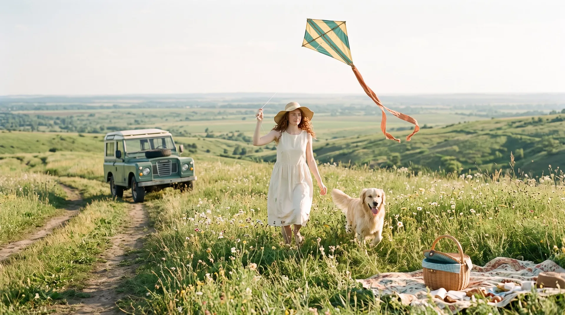 AI-generated photo of a woman in a straw hat flying a striped kite on a wildflower hillside, a golden retriever beside her, a vintage Land Rover behind and a picnic basket in front