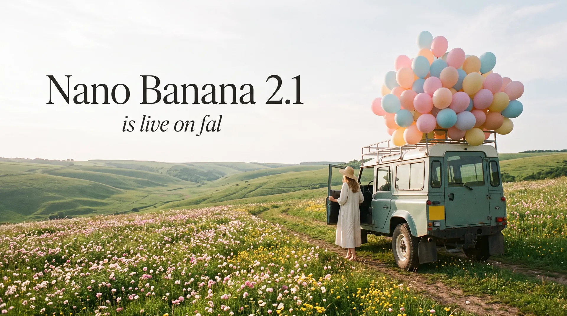 AI-generated photo of a woman in a cream dress and straw hat beside a vintage sage-green Land Rover with pastel balloons on its roof, in a wildflower valley, with the words Nano Banana 2.1 is live on fal