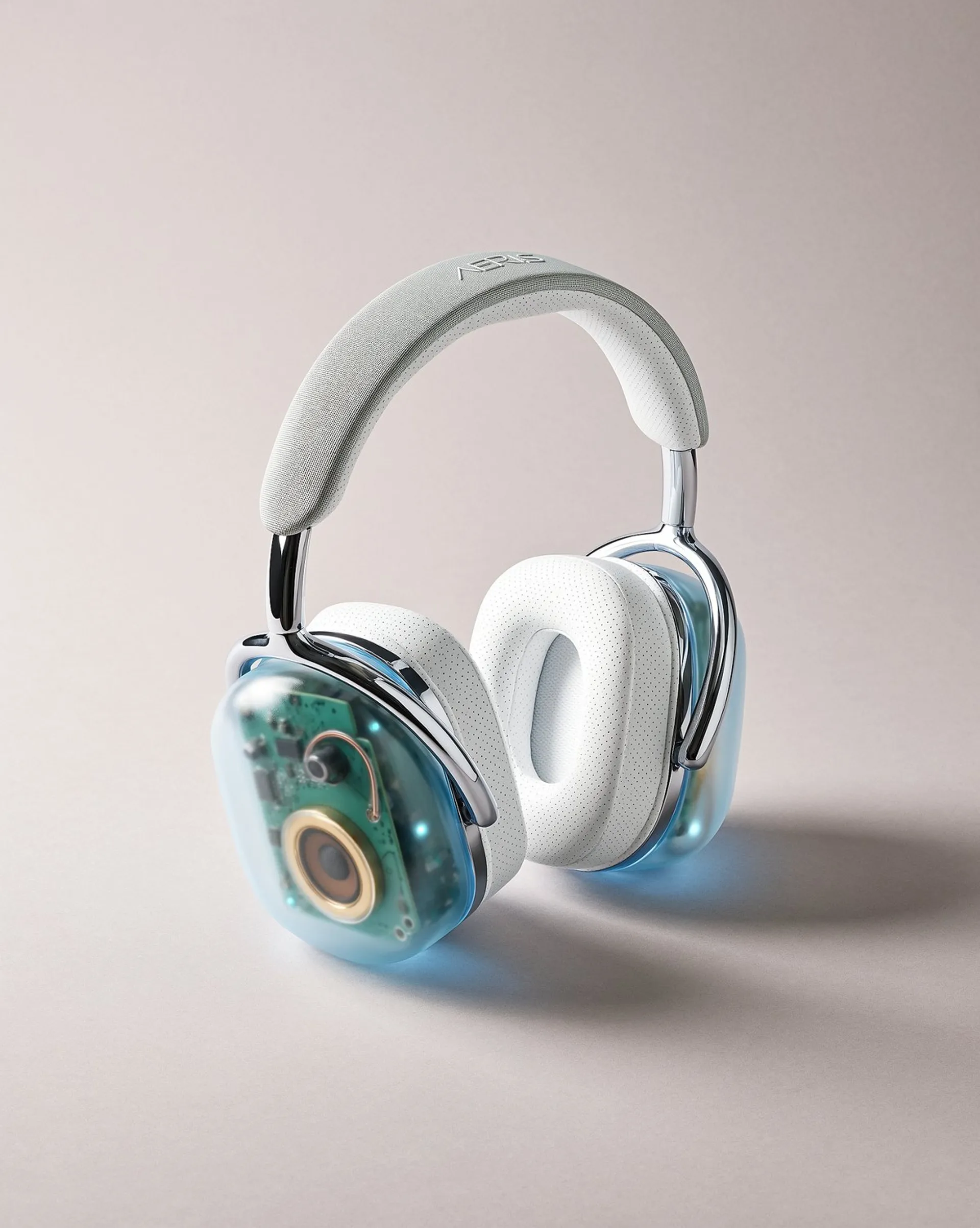 Product photo of translucent ice-blue headphones with chrome sliders