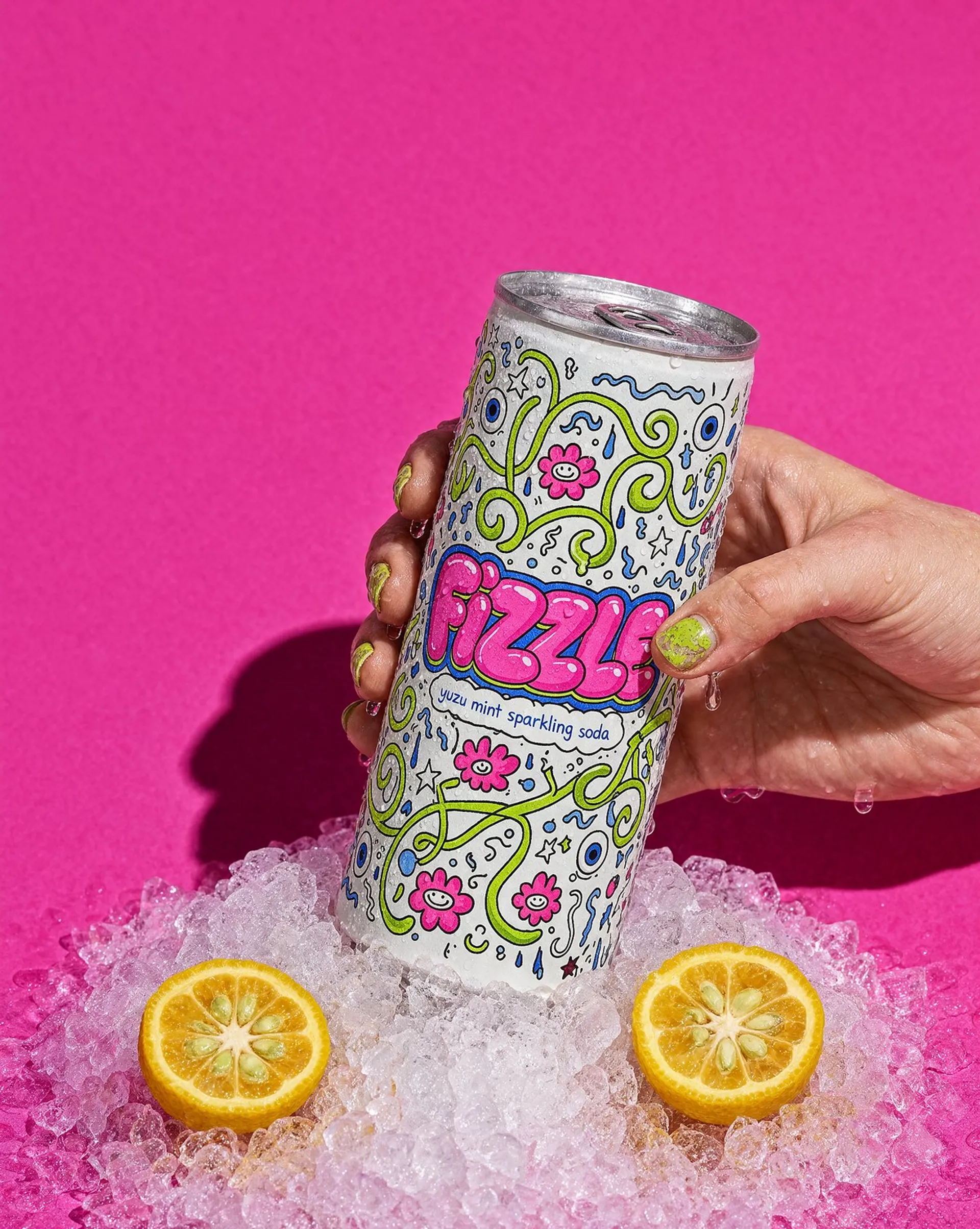 Krea 3 image of a hand gripping a doodle-covered FIZZLE soda can in crushed ice against a magenta backdrop