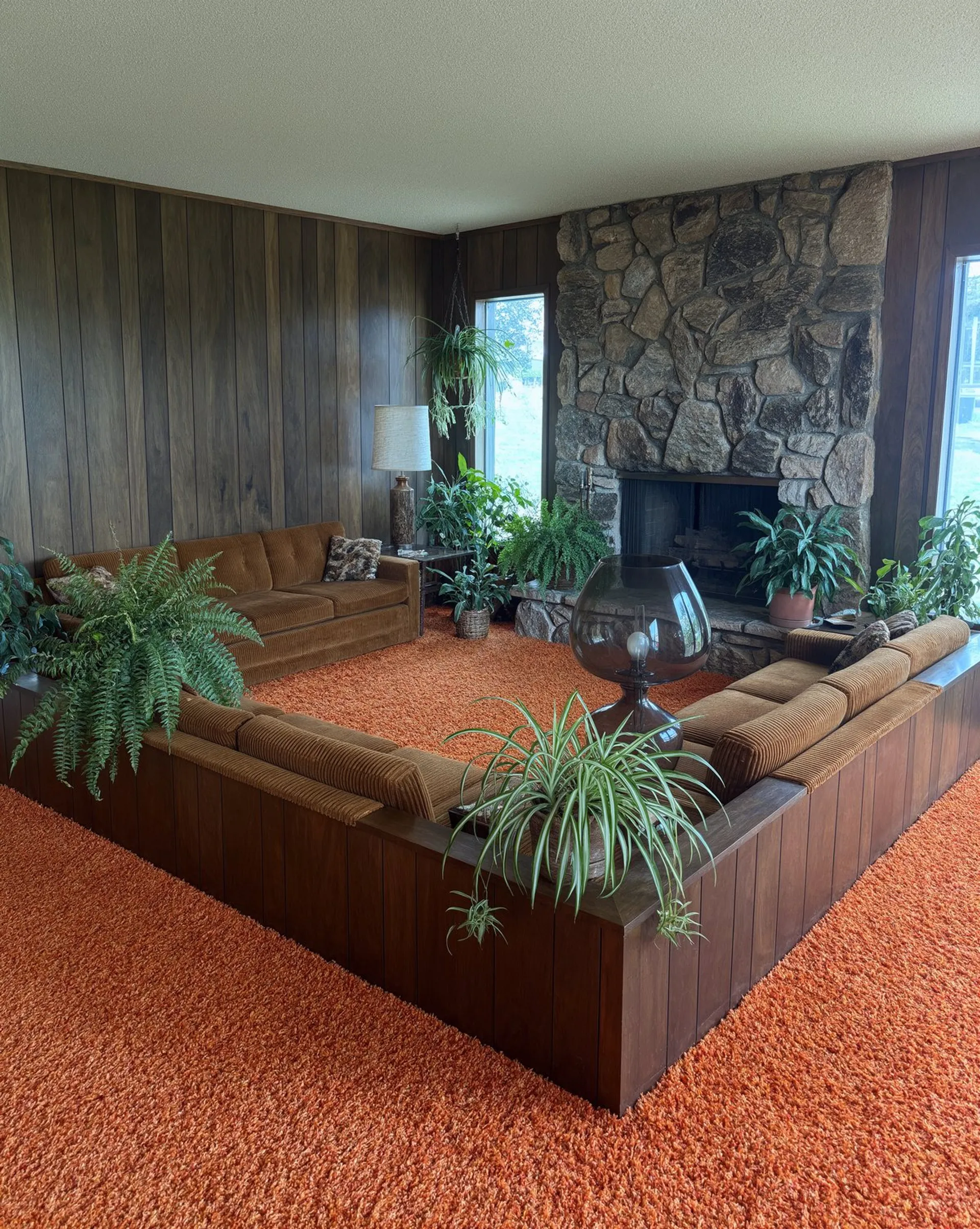 Krea 3 image of a 1970s sunken conversation pit with orange shag carpet and a stone fireplace, restored from a faded polaroid