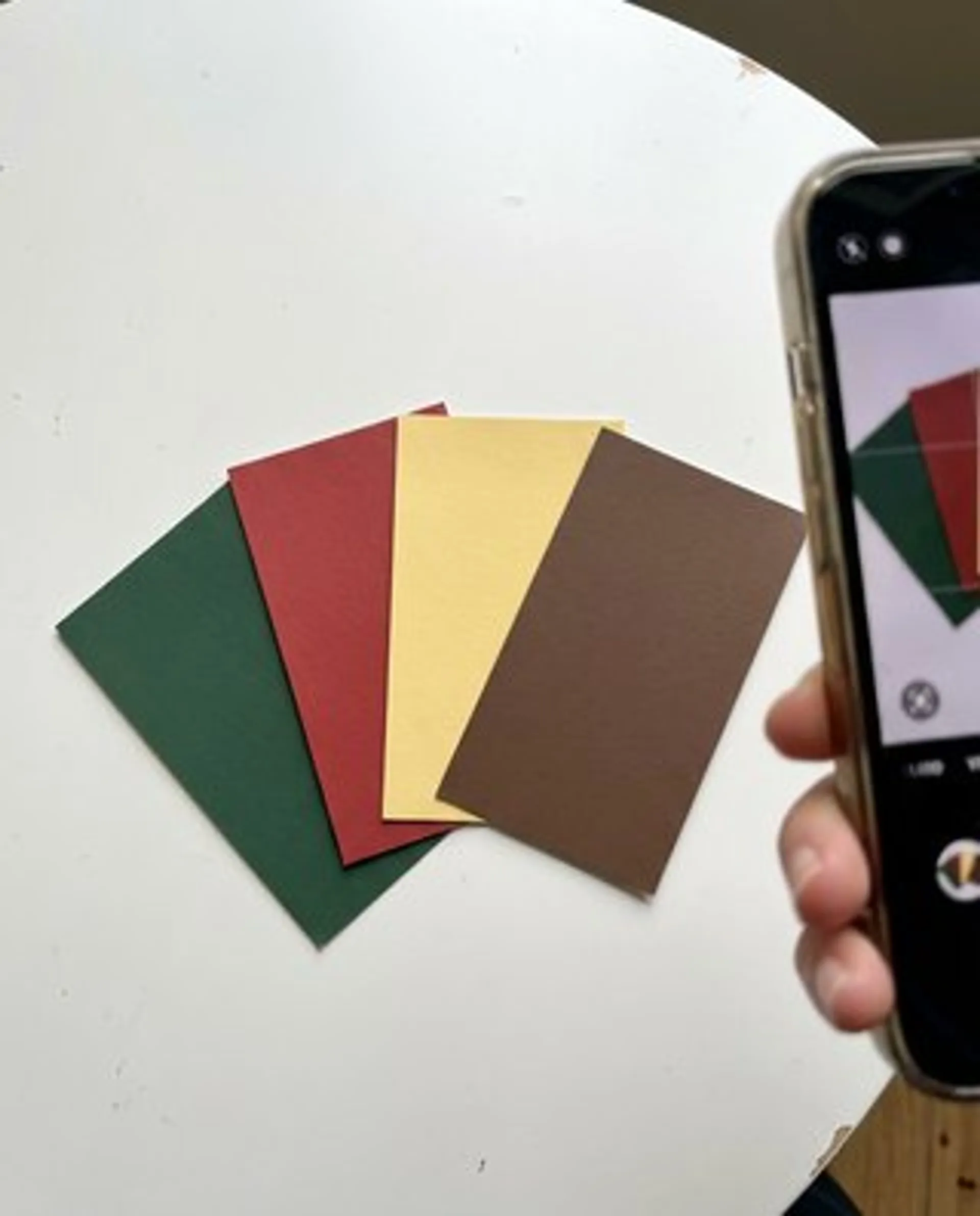 Reference: a hand holding green, red, yellow and brown paint chips