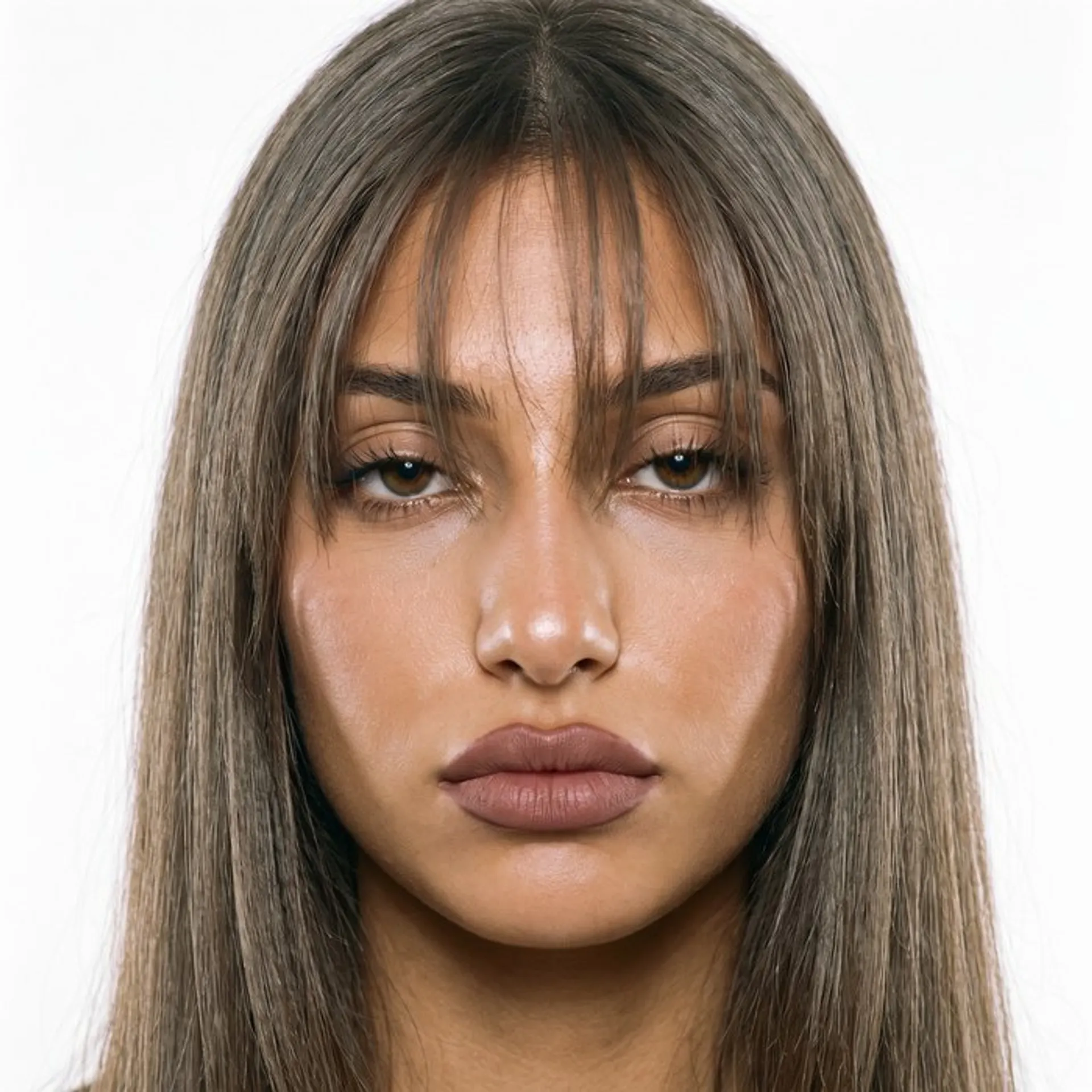 Reference portrait of a woman with long ash-brown hair and curtain bangs