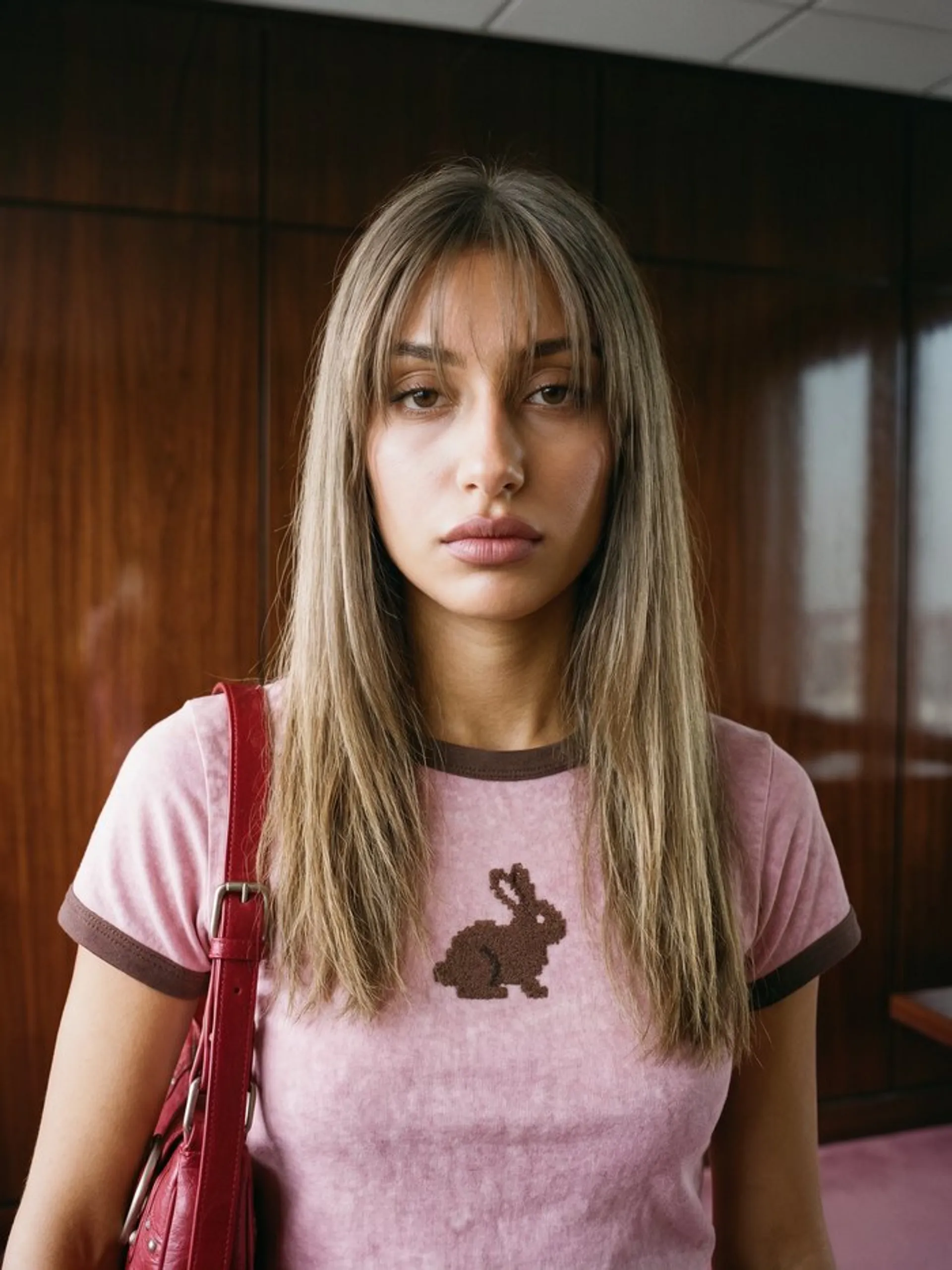 Krea 3 image of the same woman chest-up, facing the camera, with a red shoulder bag