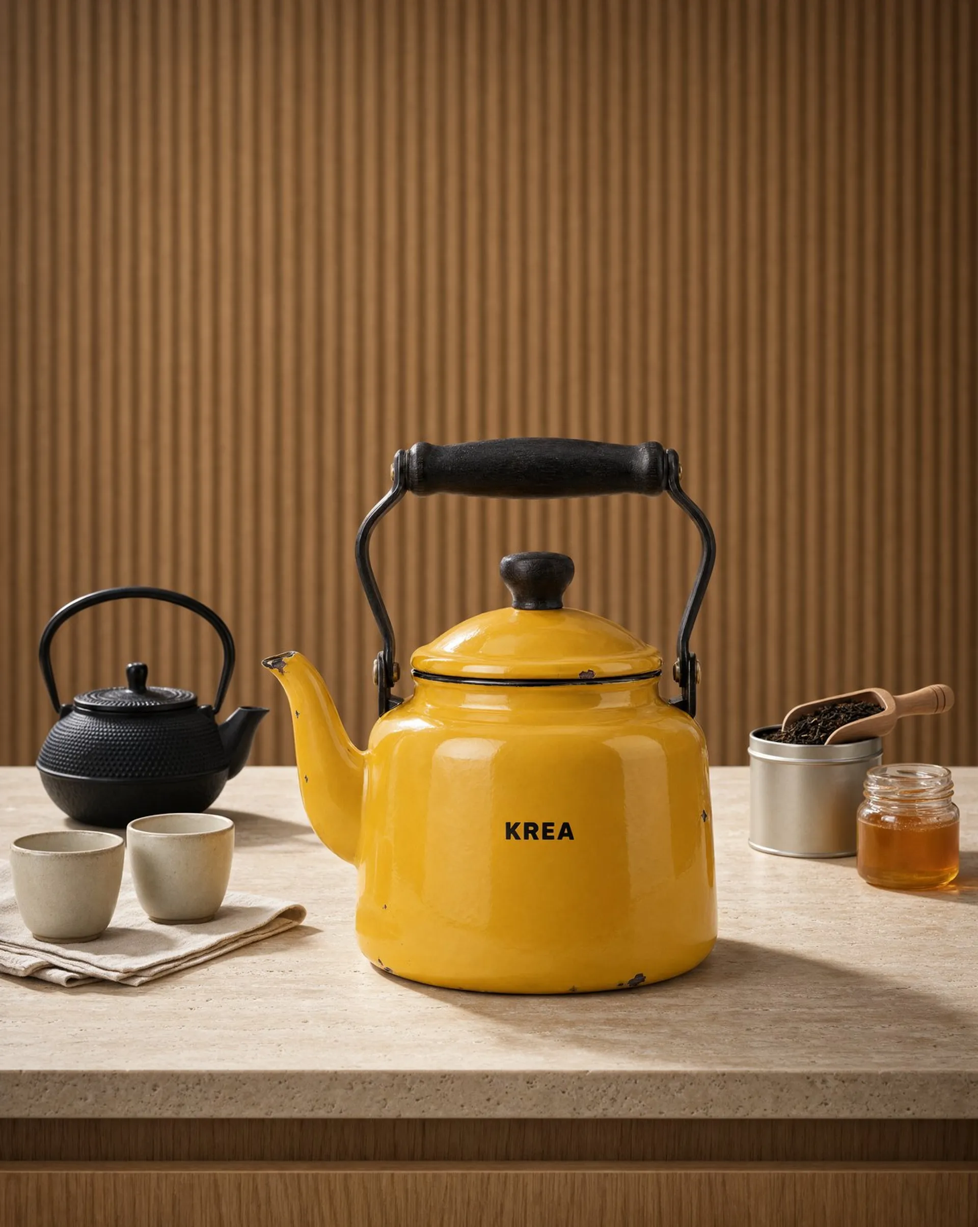 Krea 3 image of the same yellow kettle on a travertine kitchen counter with a cast-iron teapot and tea cups