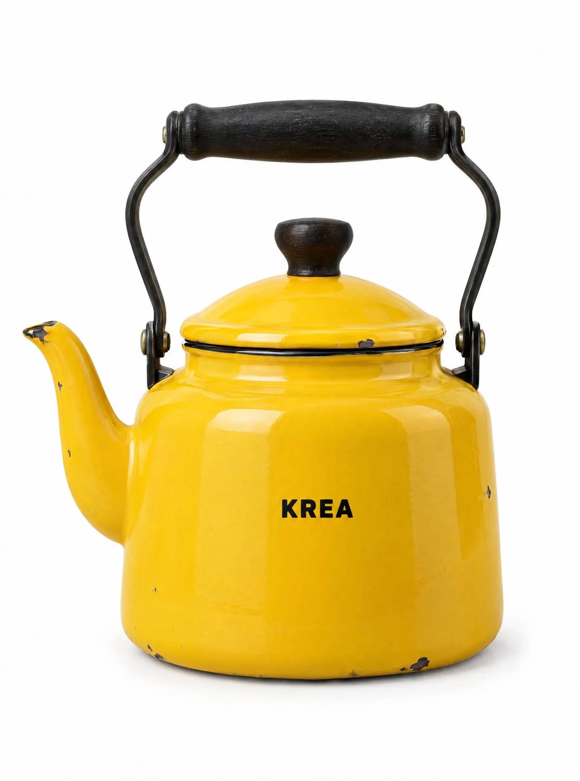 Product photo of a yellow enamel KREA kettle on a white background