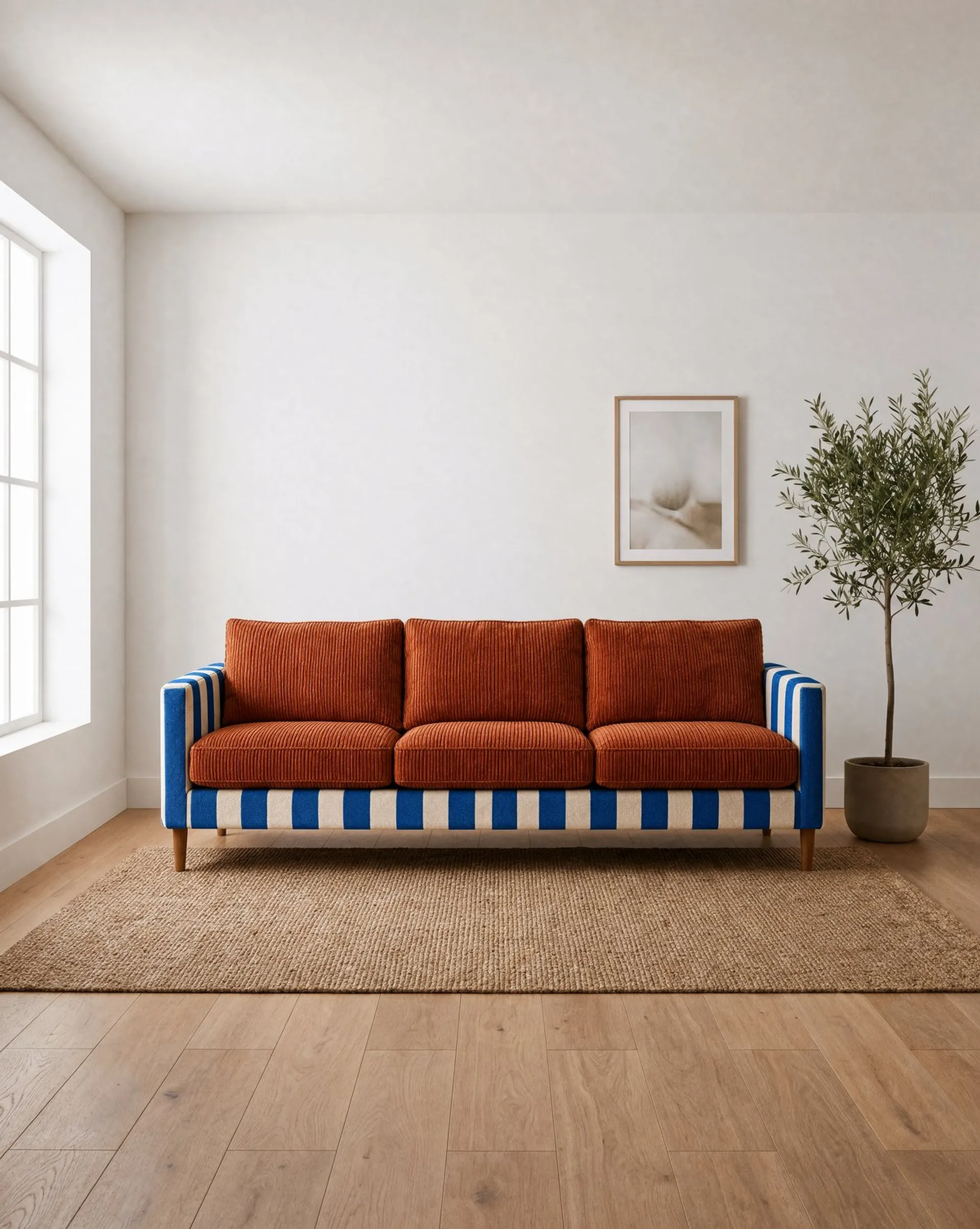 Krea 3 image of the same sofa reupholstered in blue and cream stripes with rust corduroy cushions