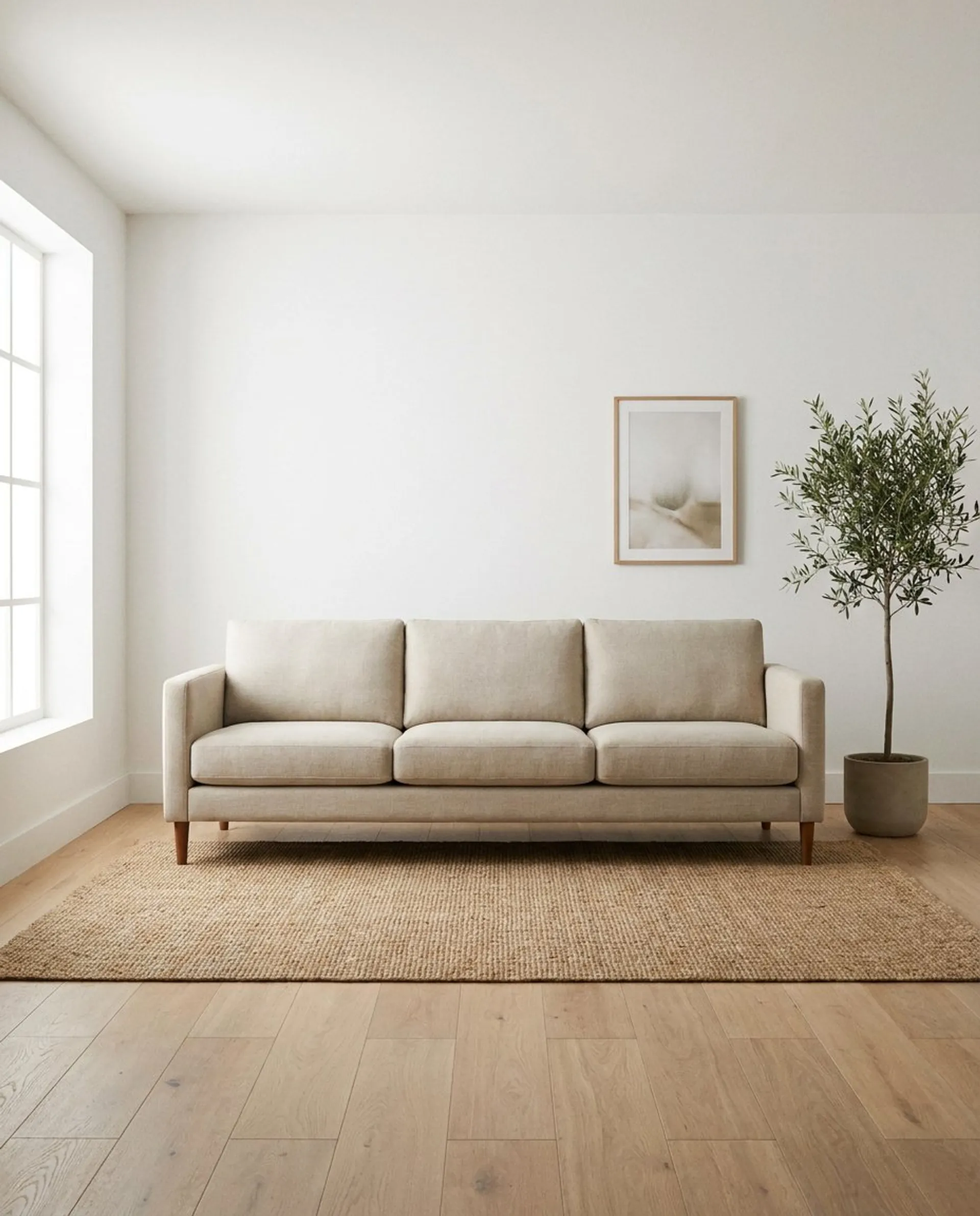 Interior photo of a cream sofa in a white room