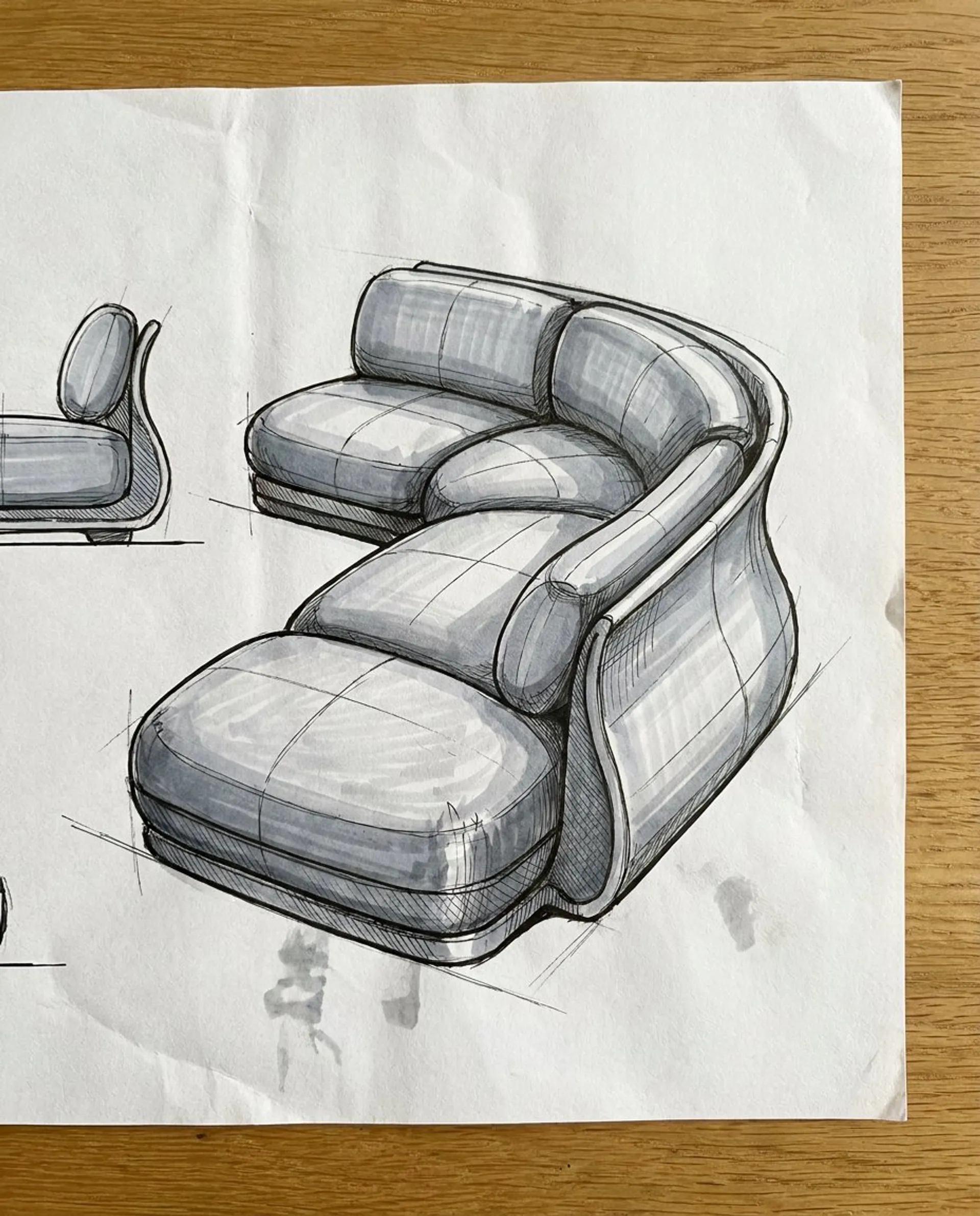 Marker sketch of a puffy modular sofa